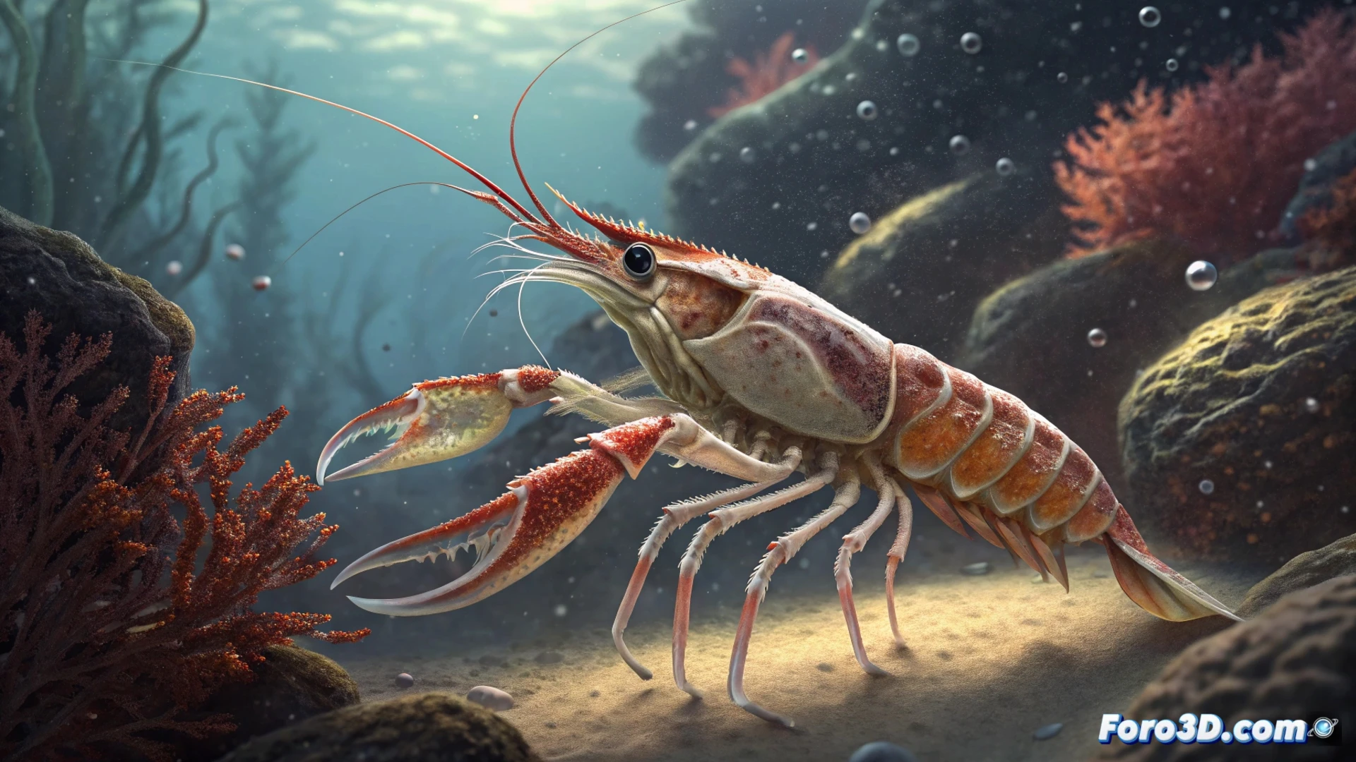Un camarón dispara su pinza, generando una burbuja de cavitación que colapsa con un estallido sónico y un destello de luz bajo el agua.