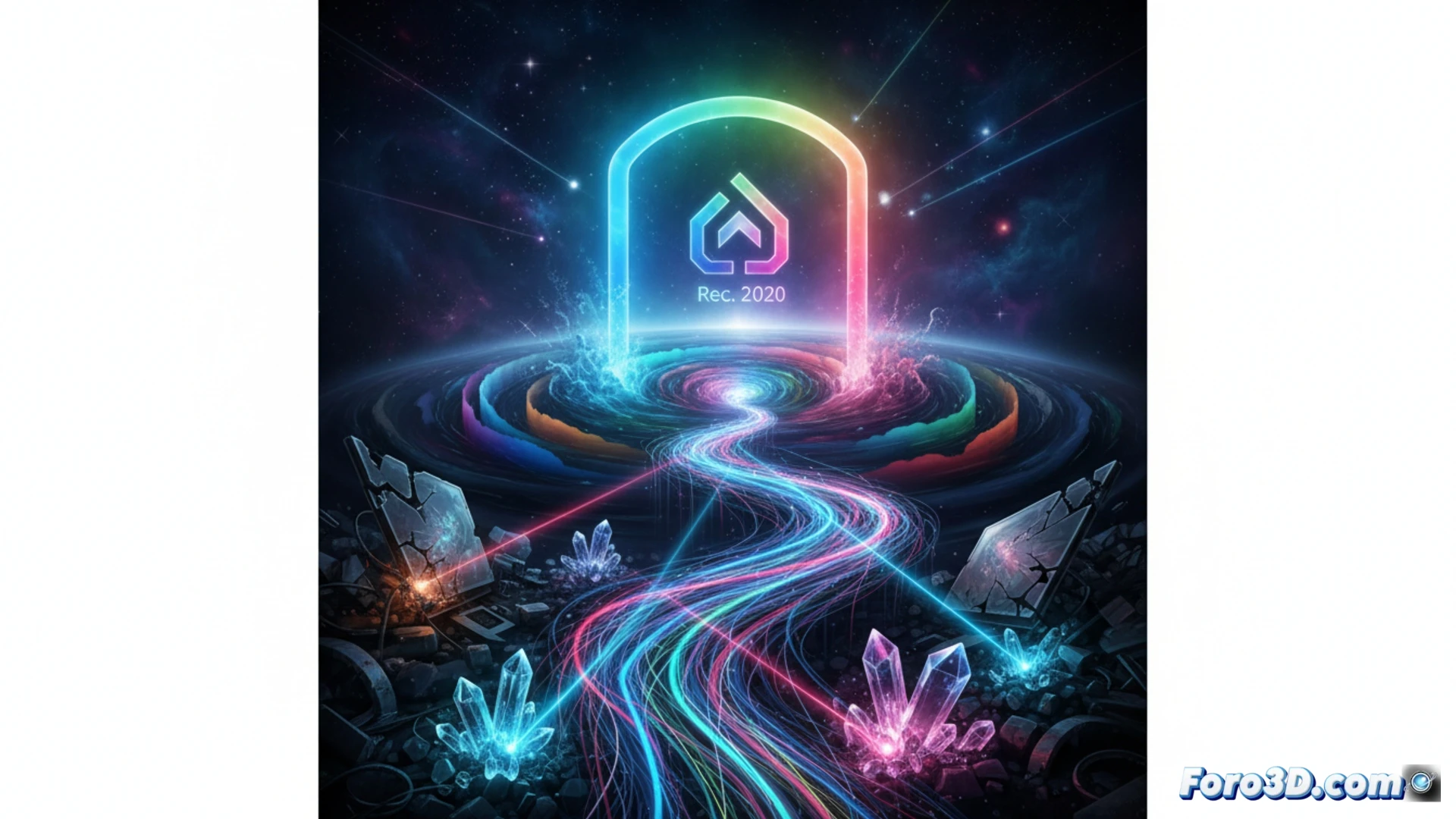 Pantalla que muestra un gradiente de colores puros y saturados, desde el rojo intenso hasta el azul profundo, sobre un fondo oscuro. Un haz de luz prismática se descompone hacia los vértices del triángulo de color Rec. 2020, destacando su amplia gama cromática.