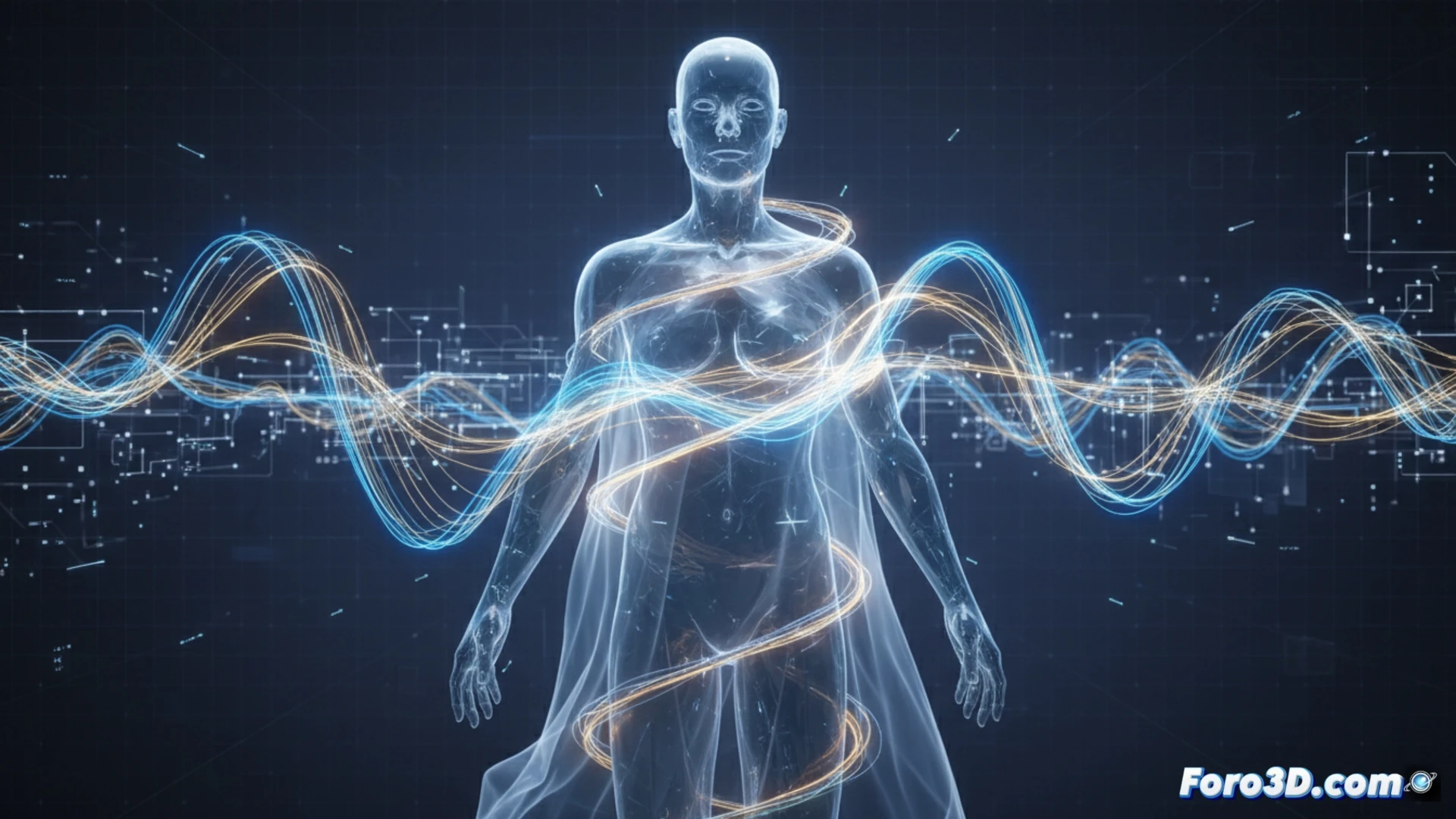 Visualización 3D de una figura humana esquemática con líneas de colores que representan ondas de radio viajando y desviándose alrededor del brazo y el torso, simulando interferencias. Fondo oscuro con partículas de luz.