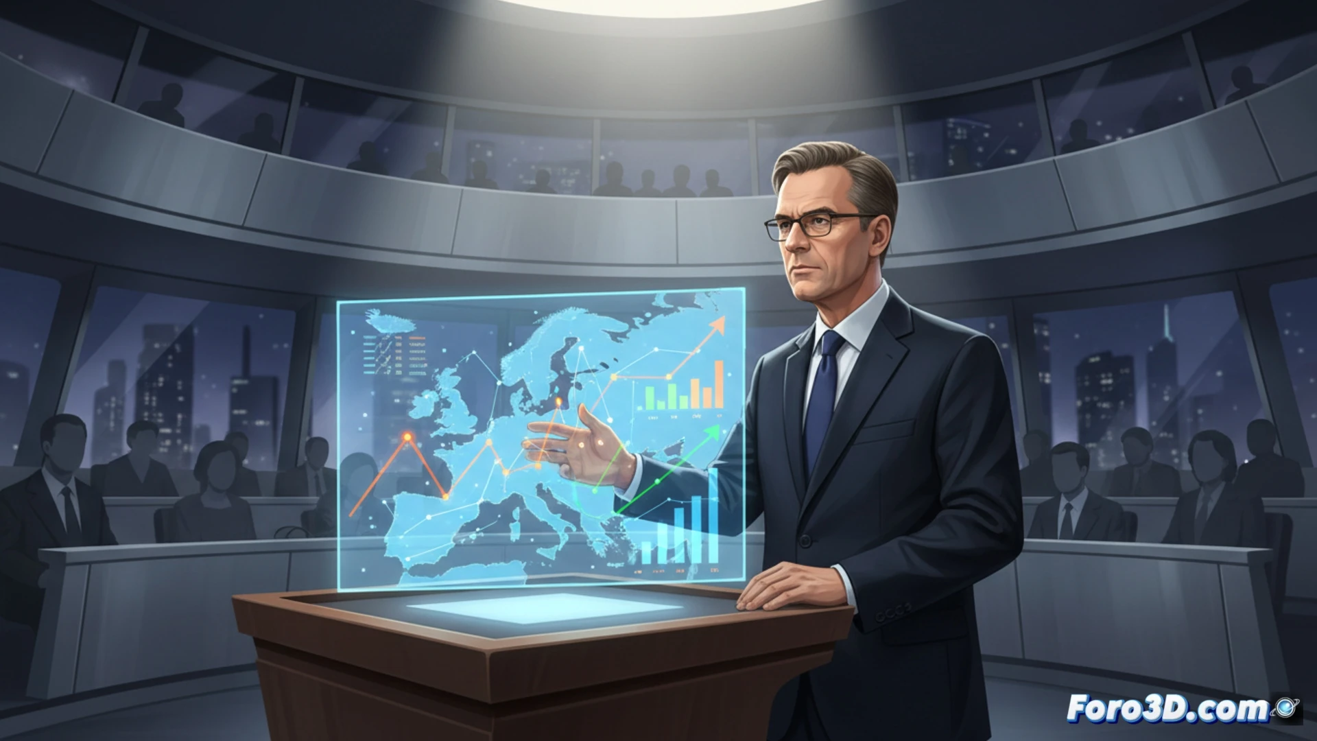 El canciller alemán Friedrich Merz hablando en un podio con el emblema de la Unión Europea de fondo, en un discurso sobre la necesidad de reformas en el bloque comunitario.