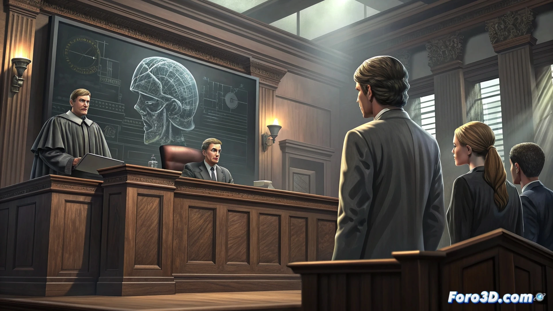 Primer plano de Lucy Letby, con su uniforme de enfermera desenfocado y documentos judiciales superpuestos en tonos fríos.