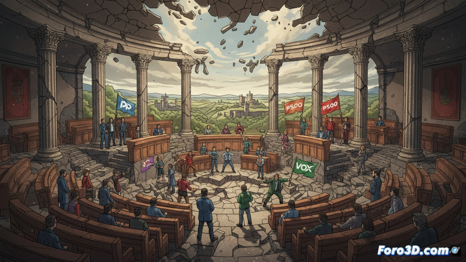 Una imagen de un hemiciclo parlamentario con escaños de colores muy repartidos, sin un bloque dominante, reflejando la fragmentación y la incertidumbre.