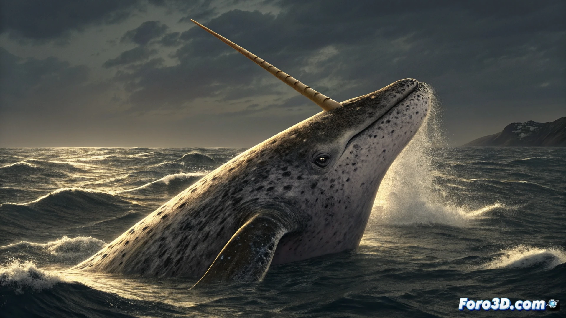 Un narval en aguas árticas, su largo colmillo espiral se muestra como un sensor, con detalles de su estructura porosa y conexiones nerviosas.