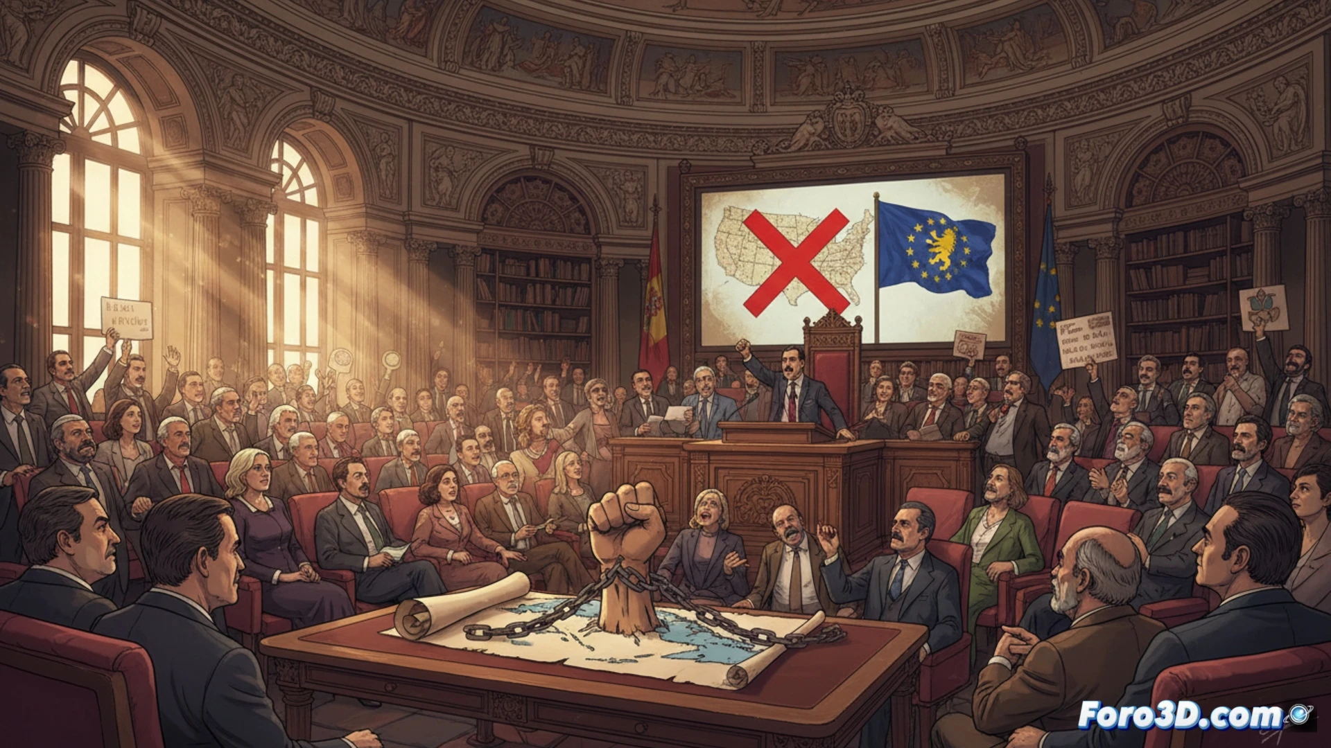 Un hemiciclo del Congreso español, con diputados debatiendo y una pantalla que muestra la bandera cubana y el texto Embargo USA.