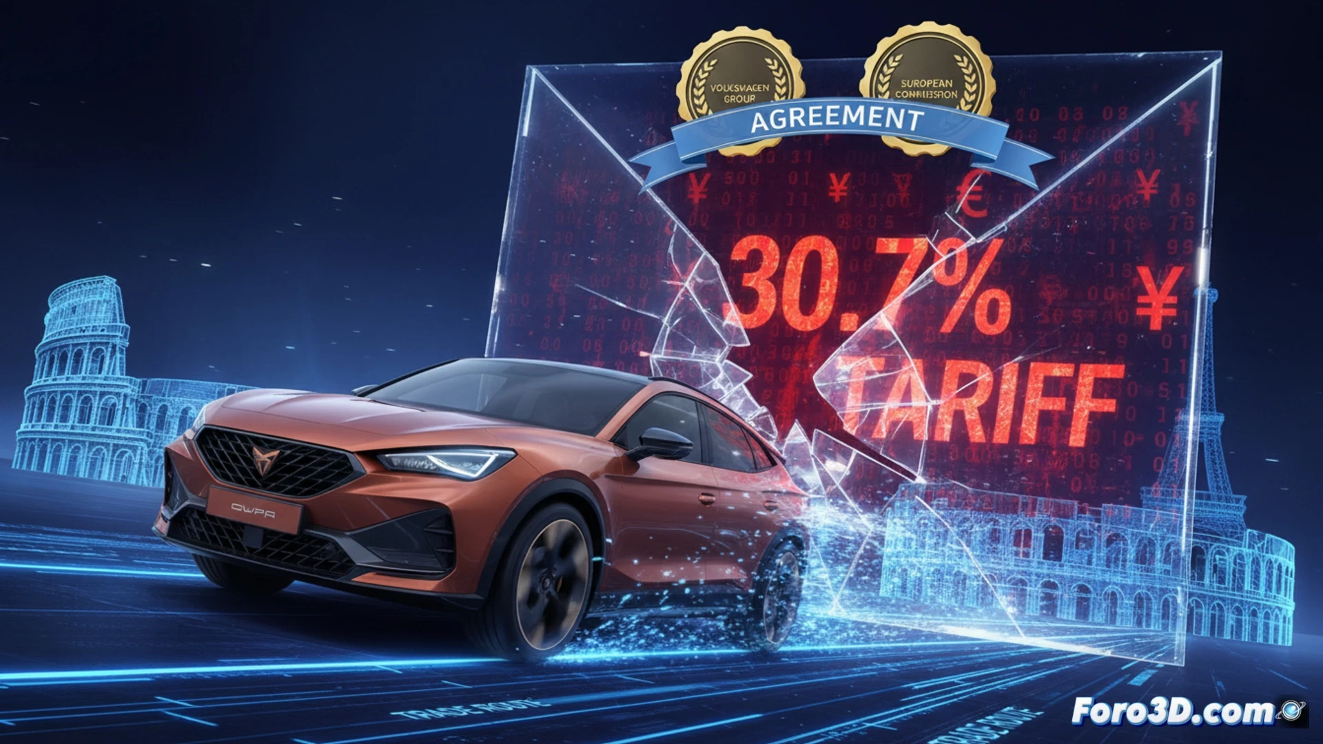 El CUPRA Tavascan eléctrico, fabricado en China, estacionado frente a un edificio institucional europeo, simbolizando el acuerdo comercial que evita los altos aranceles.