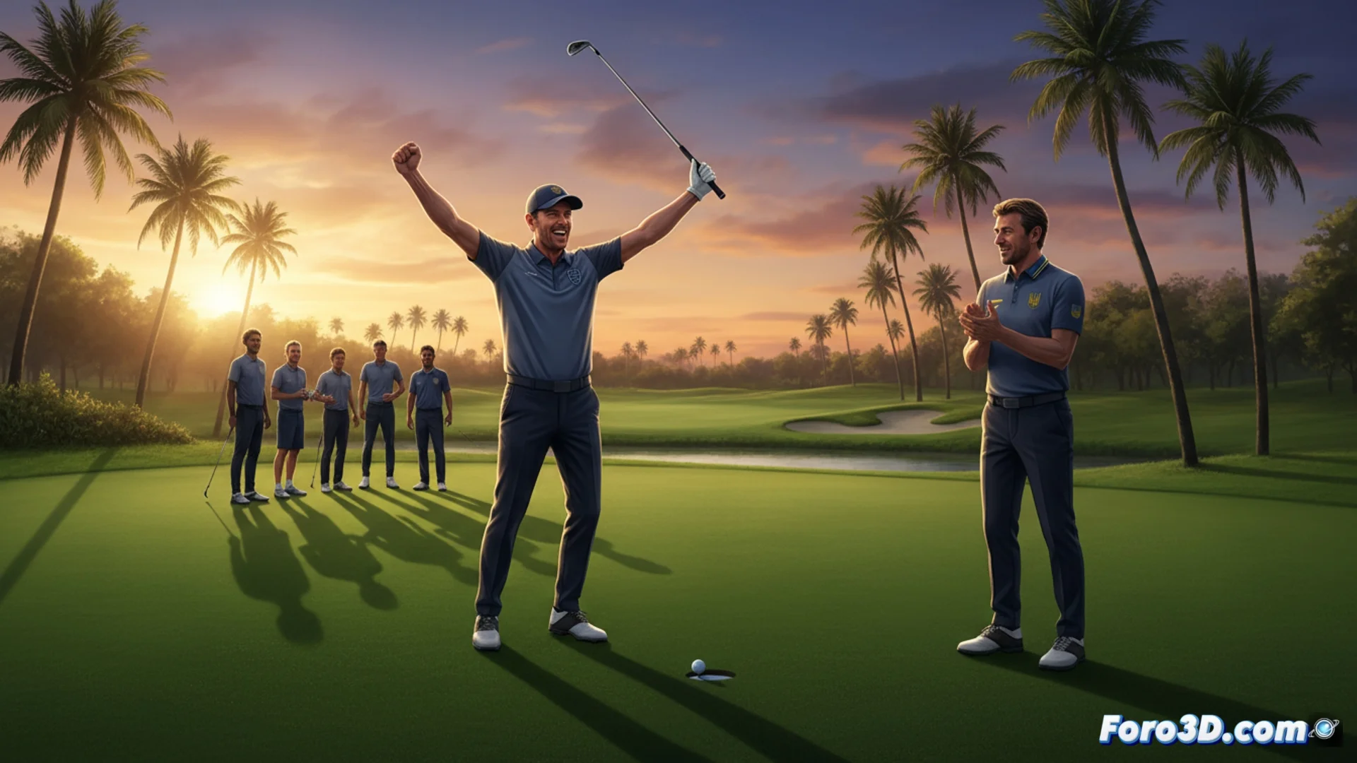 Exfutbolistas ingleses celebran con el trofeo del torneo de golf Icons del Fútbol en un campo de Tailandia, sonriendo y levantando el galardón.