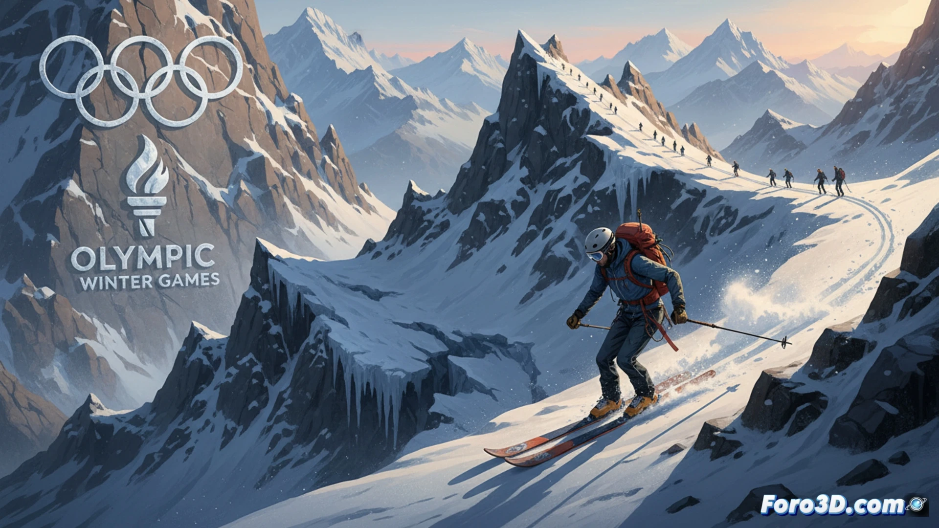 Atletas escalan una empinada ladera nevada con esquís y pieles de foca, bajo un cielo alpino despejado, representando la exigencia del nuevo deporte olímpico.