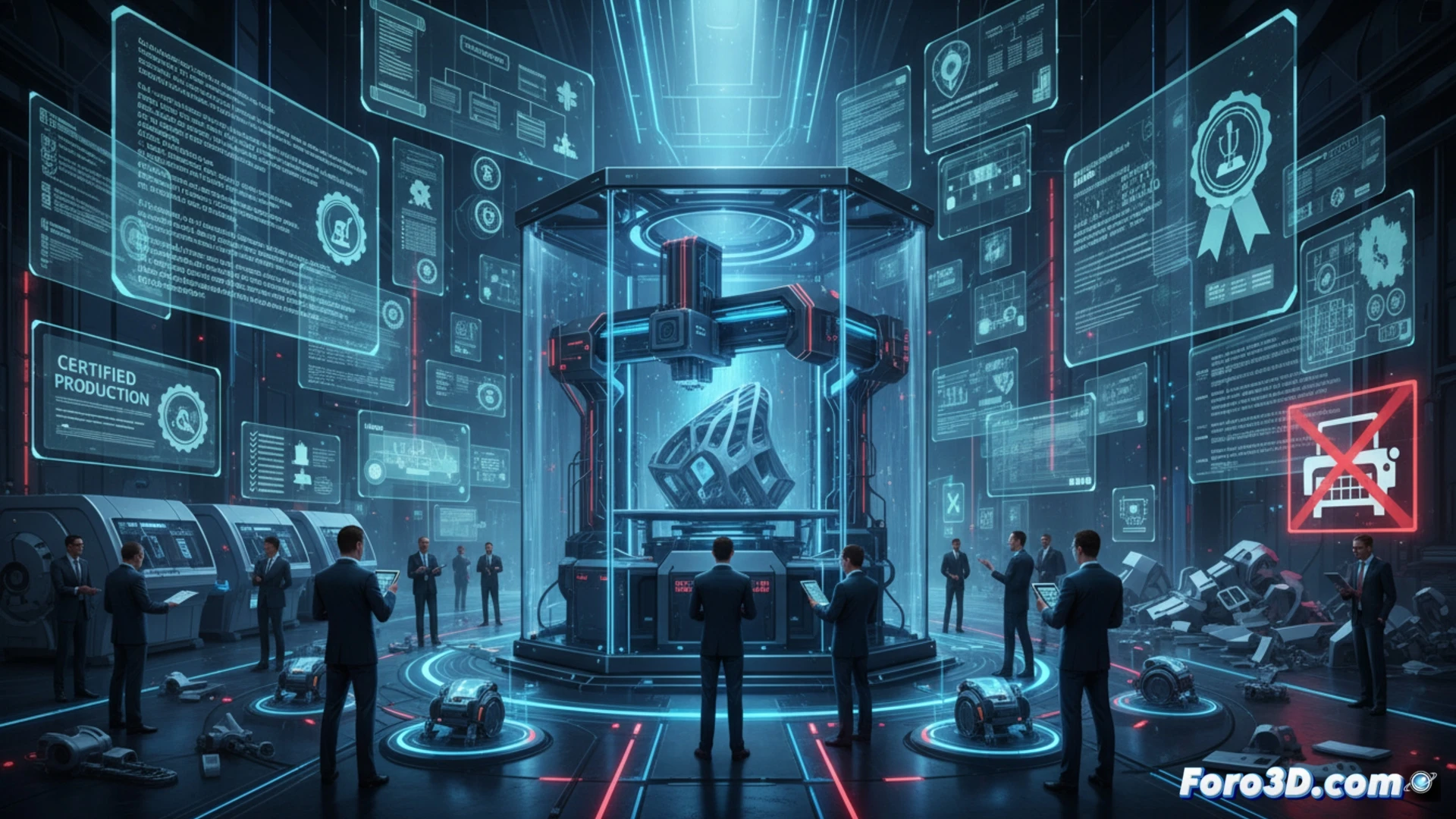 Una impresora 3D industrial, detenida, rodeada por un denso entramado de leyes, certificaciones y banderas que forman una jaula conceptual.