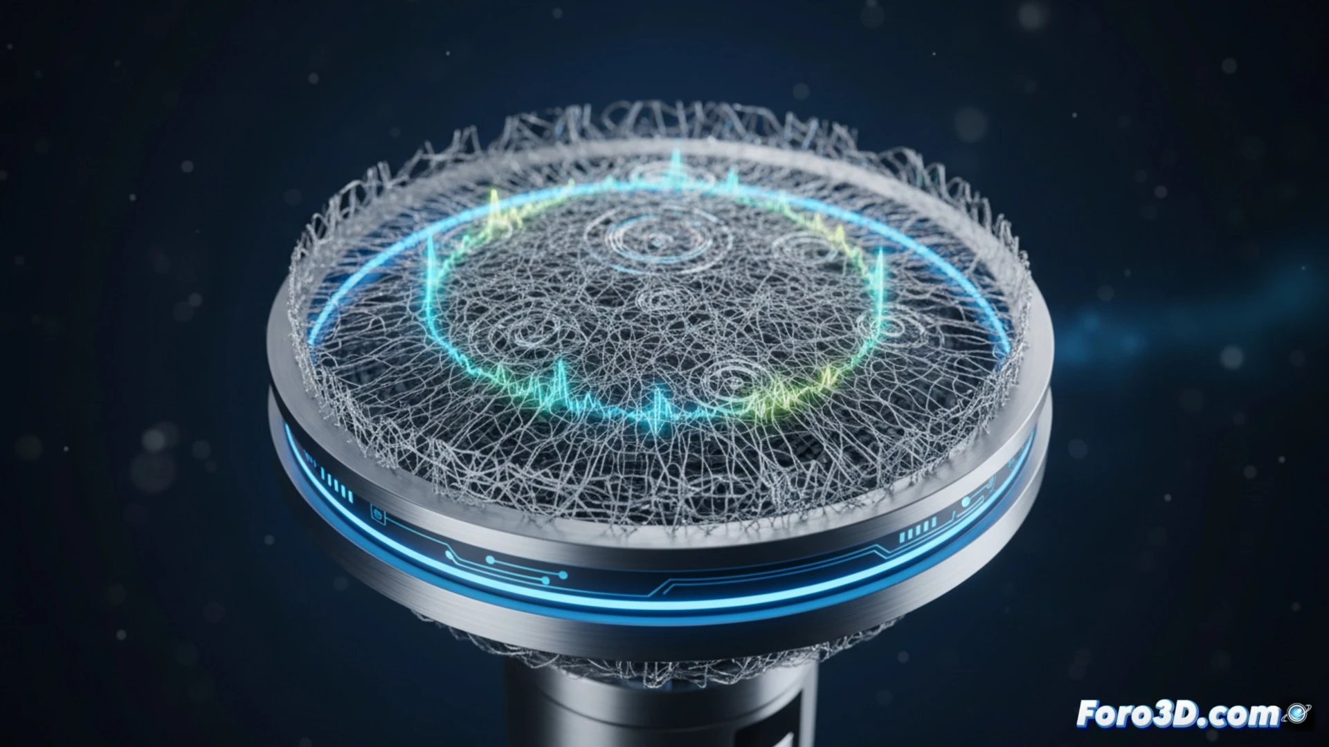 Ilustración conceptual de un micrófono futurista con una estructura interna que imita los patrones geométricos de una telaraña, sobre un fondo tecnológico azul.