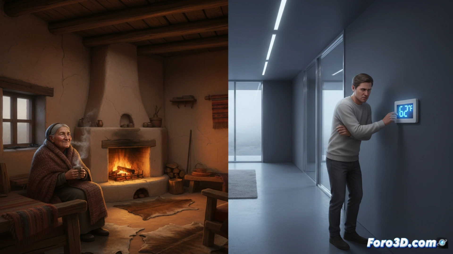 Comparativa visual entre una antigua casa de adobe con muros gruesos y una moderna vivienda con aislamiento térmico y ventanas de doble acristalamiento, mostrando los flujos de calor.