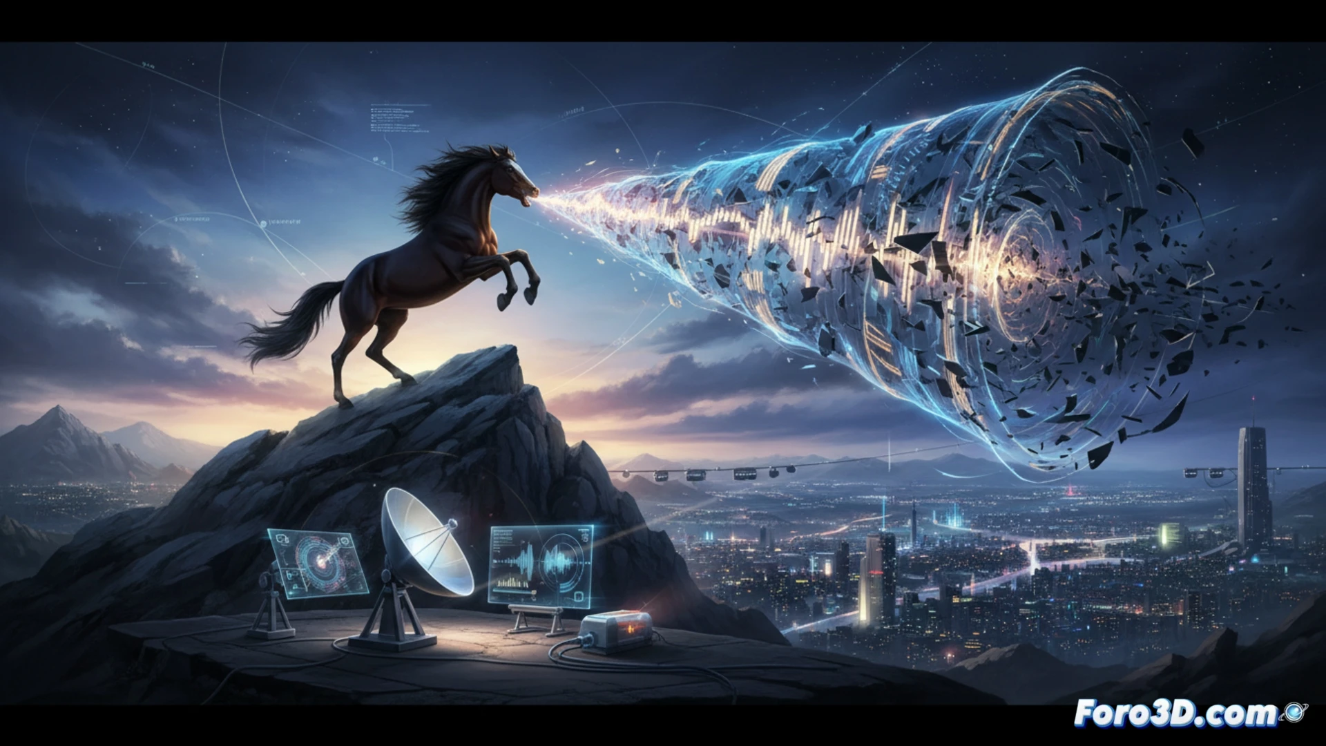 Un caballo relinchando, con ondas sonoras agudas y graves propagándose en el aire hacia un paisaje lejano.