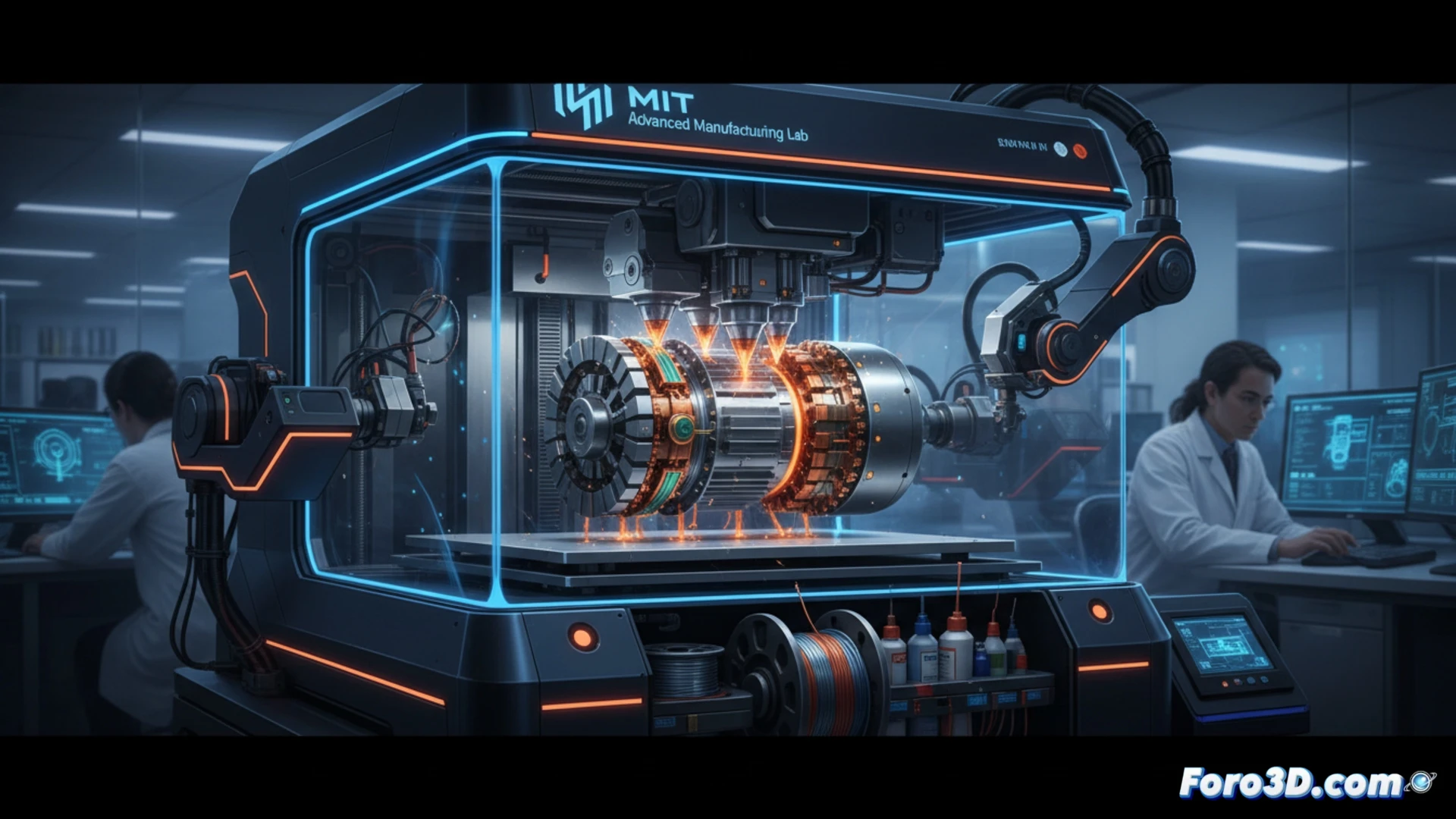 Impresora 3D del MIT fabricando un motor eléctrico multicomponente en una sola operación automatizada.