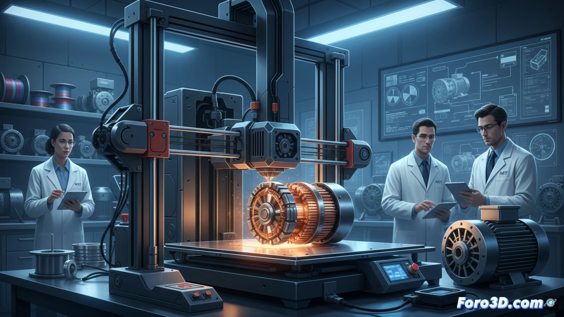 Motor eléctrico impreso en 3D, con bobinas y núcleo visibles, saliendo de una impresora industrial. Fondo de laboratorio del MIT con planos técnicos.