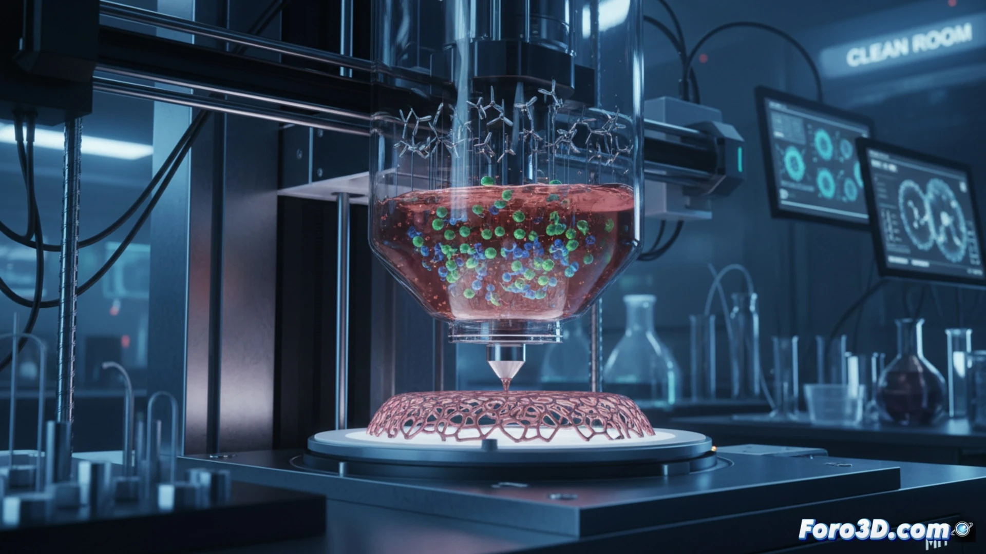 Cabezal de bioimpresiÃ³n con imanes girando, manteniendo cÃ©lulas en suspensiÃ³n dentro de la tinta durante la impresiÃ³n 3D de tejidos.