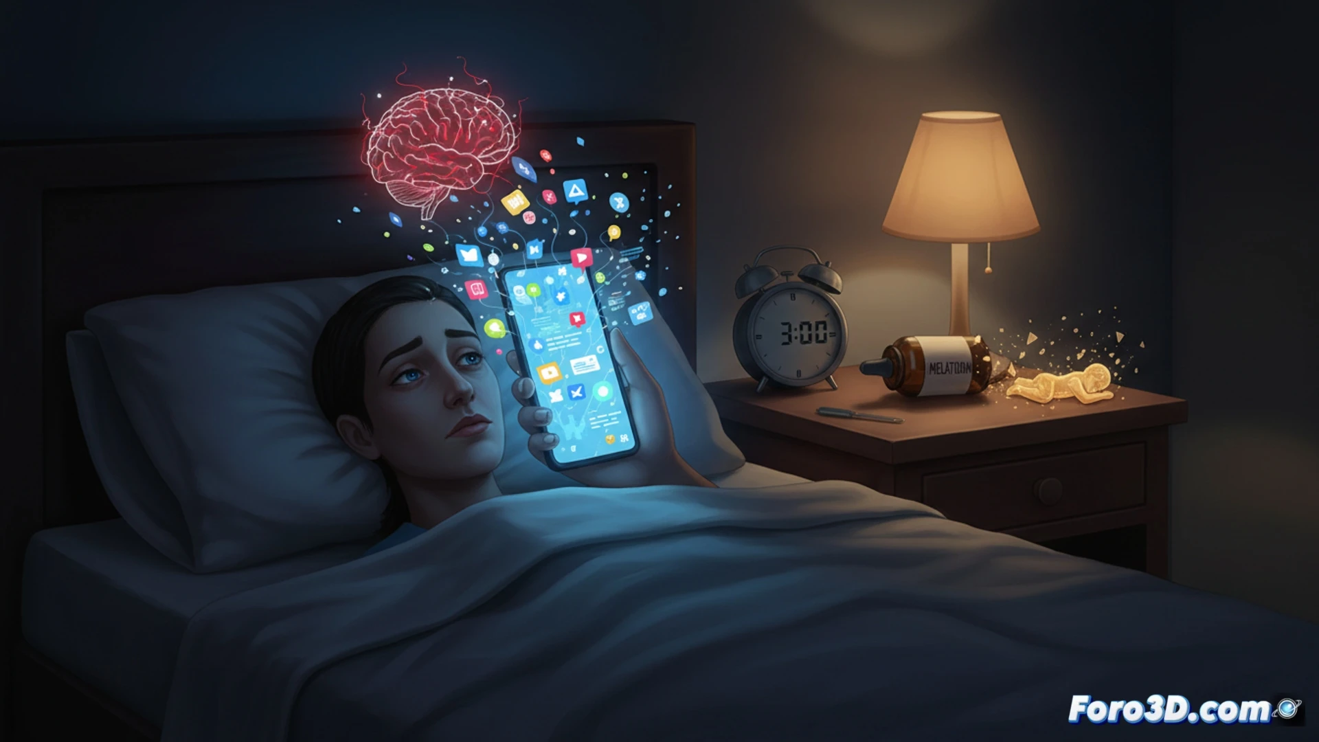 Una persona en la cama, con la cara iluminada por la luz azul de su móvil en la oscuridad del dormitorio.