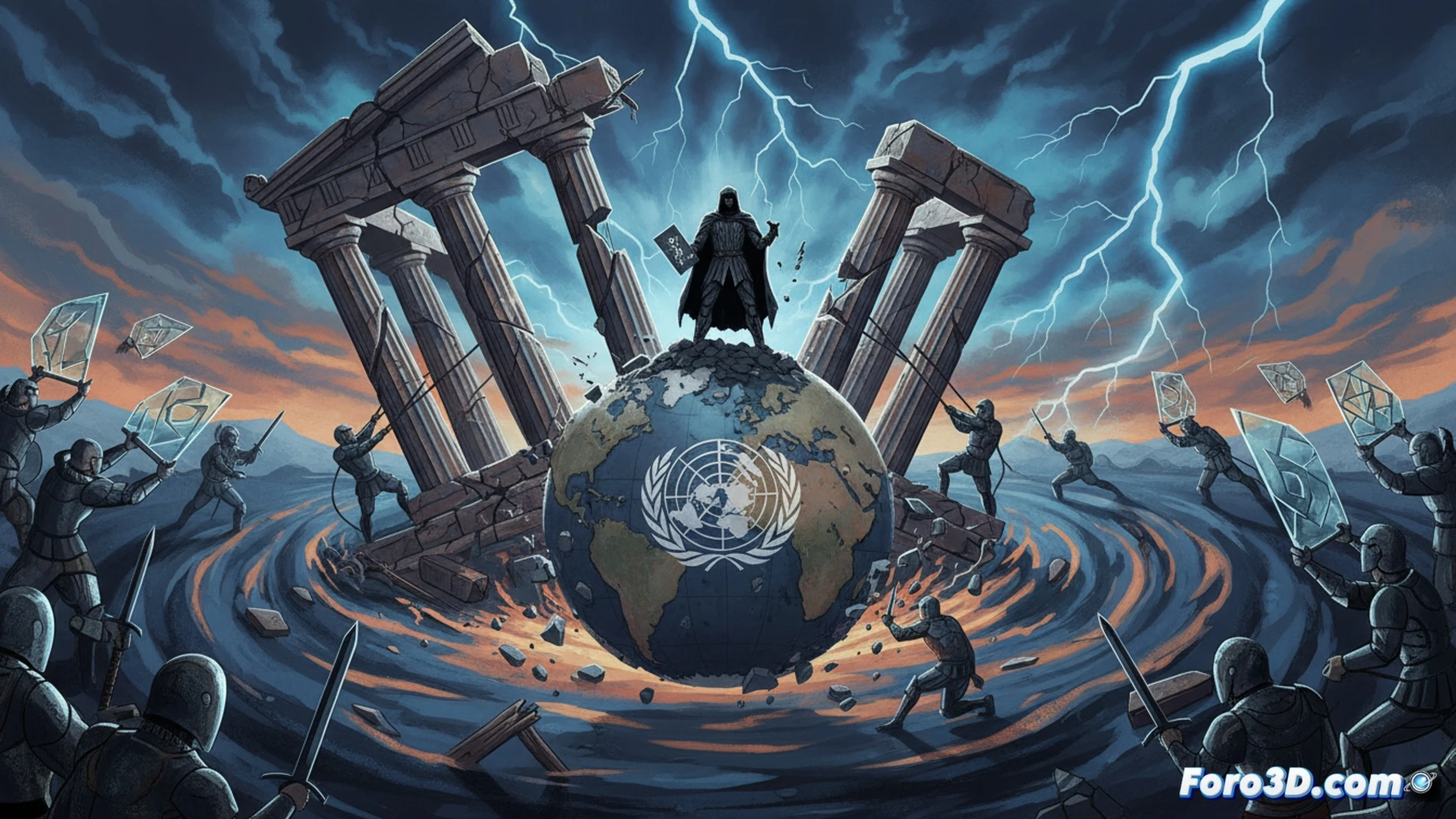 Una estatua de la justicia con la balanza rota, sobre un mapa mundial agrietado, mientras banderas de potencias se alzan en el fondo.