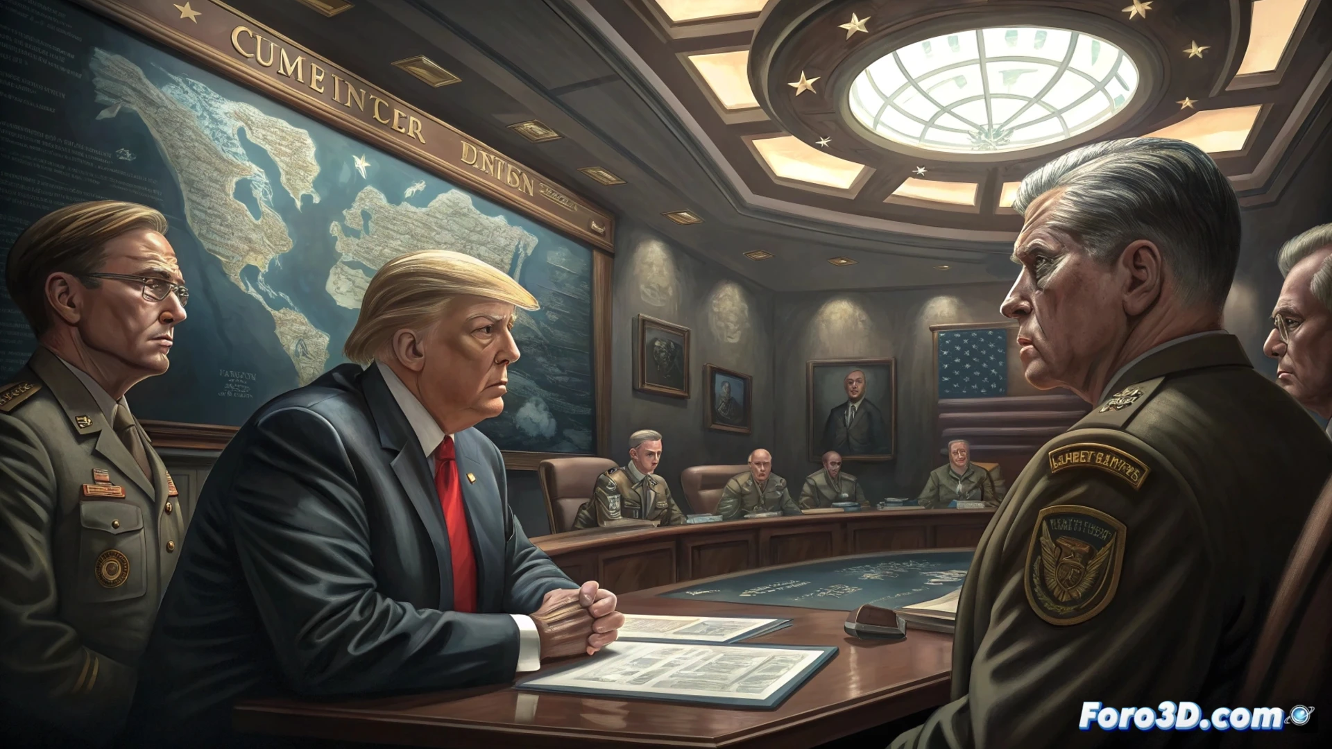 Un general señala un mapa de Oriente Medio en el Pentágono, rodeado de informes que advierten sobre un conflicto largo y costoso con Irán.