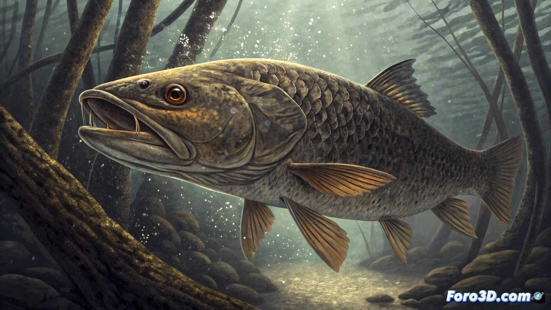 Un pez fuera del agua, sobre barro seco y agrietado, respirando por su piel húmeda y boca, en un manglar bajo un sol intenso.