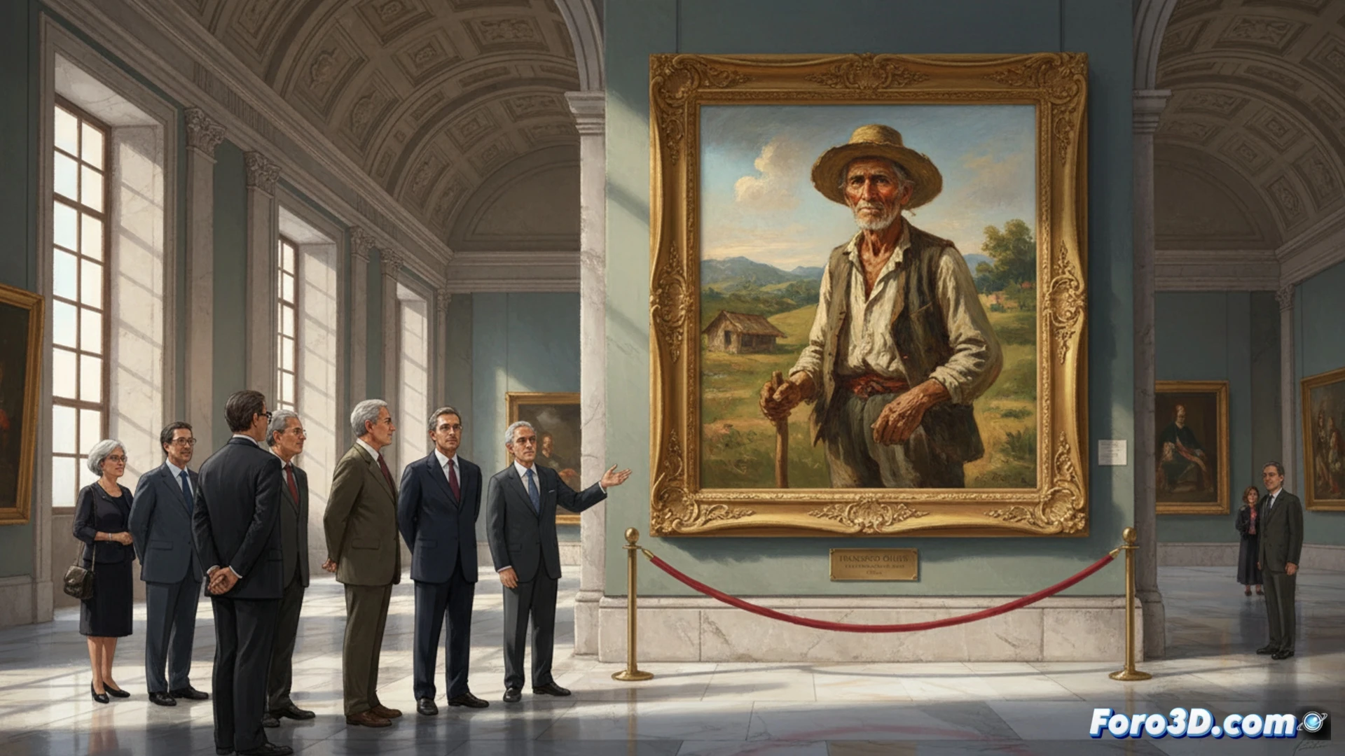 Un campesino puertorriqueño, con sombrero de paja y camisa blanca, trabaja bajo la intensa luz del Caribe en un campo verde.