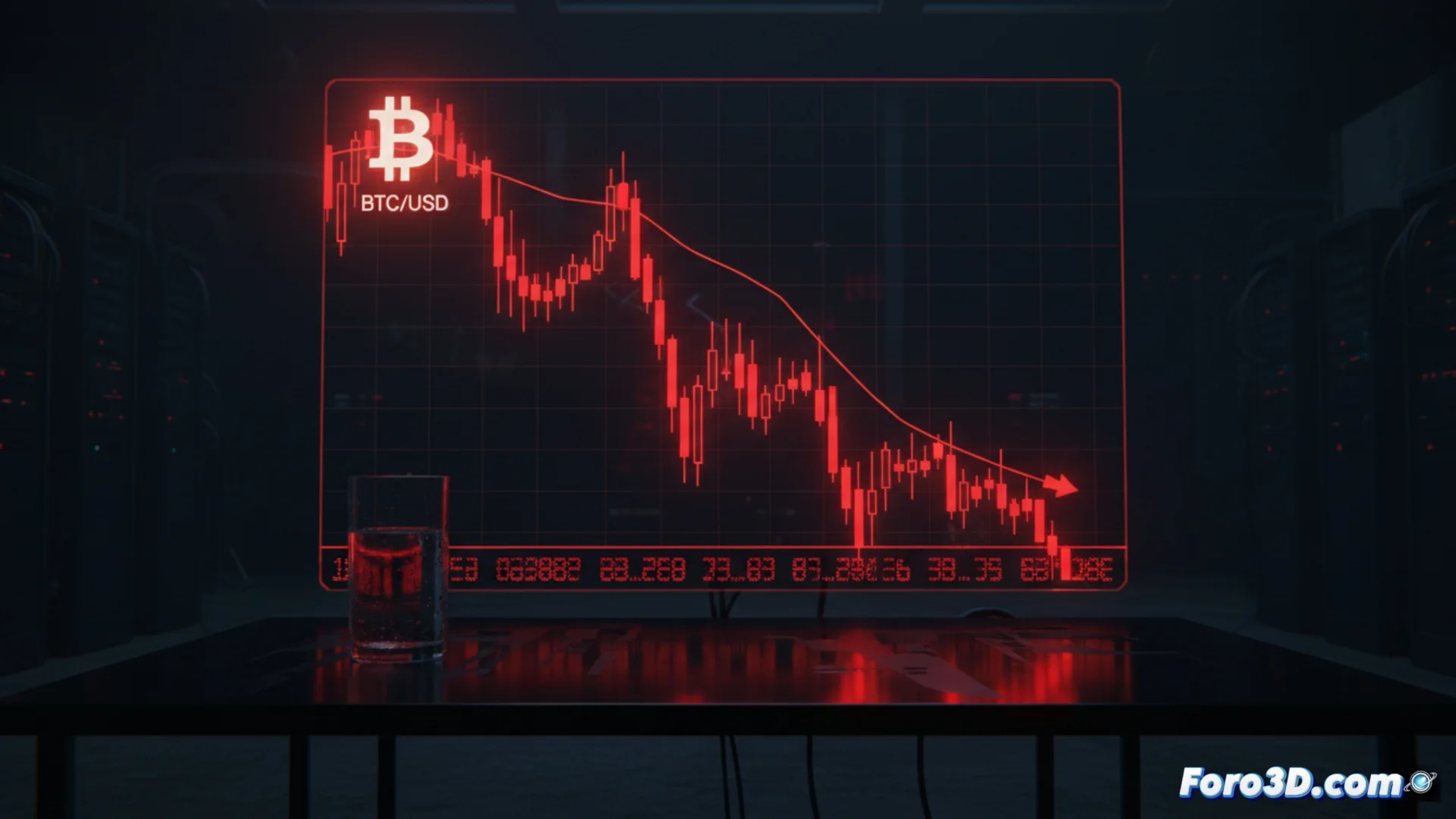 Gráfico de velas japonesas que muestra una fuerte caída en el precio de Bitcoin, con barras rojas dominando la pantalla y la línea de tendencia apuntando claramente a la baja.