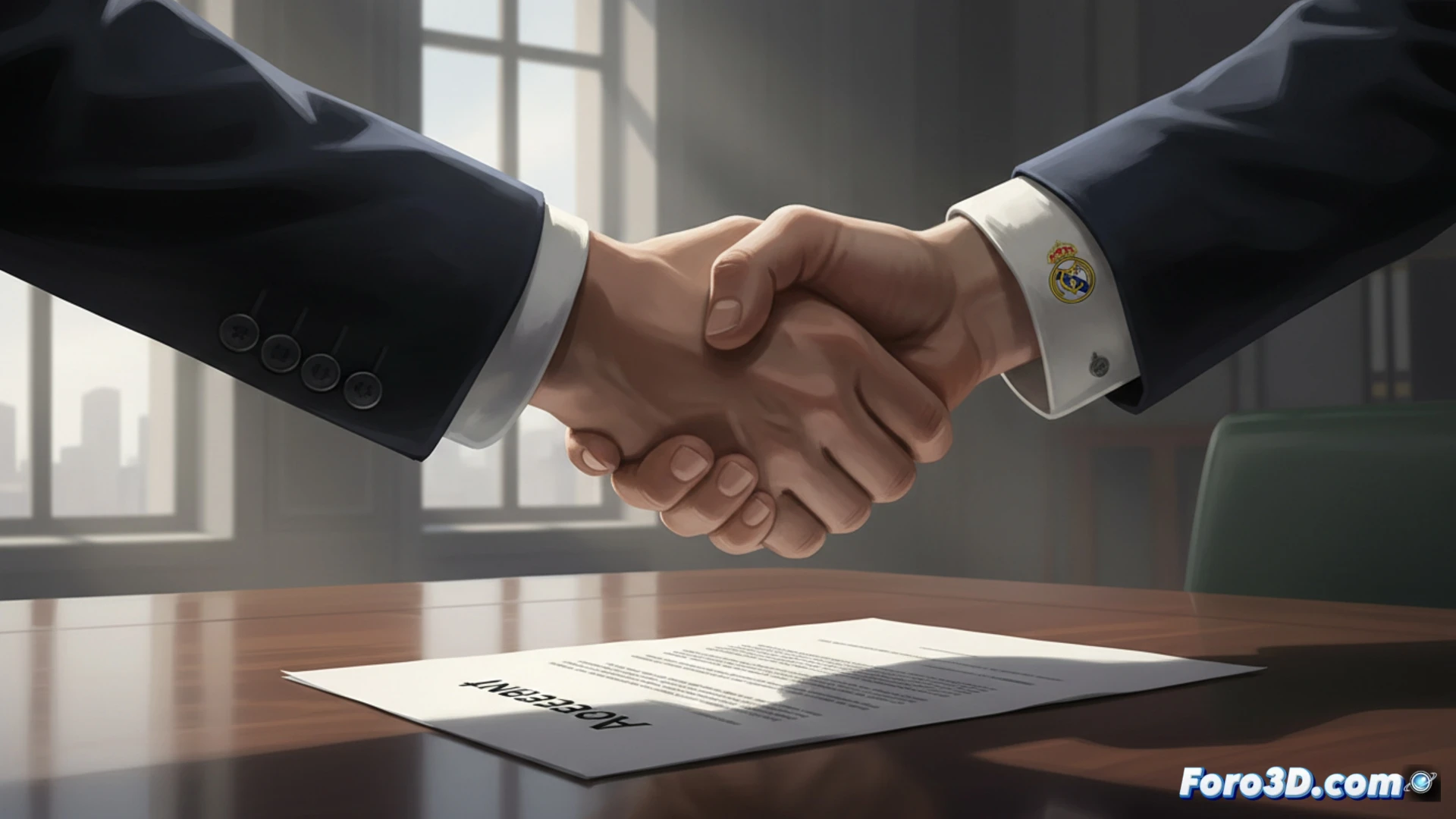 Logotipos del Real Madrid, la UEFA y la European Club Association (ECA) sobre un balón de fútbol y documentos legales, simbolizando el acuerdo.