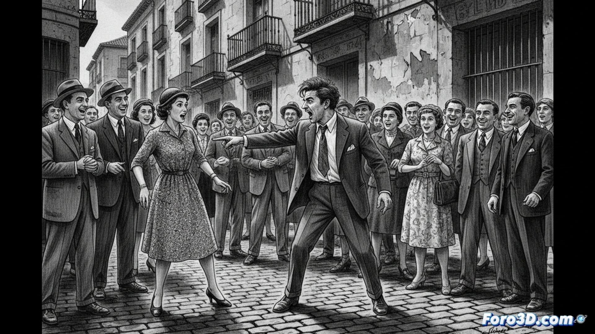 Fotografía en blanco y negro de Alberto Greco realizando una acción callejera, señalando a un transeúnte en una plaza de Madrid, rodeado de un pequeño grupo de espectadores.