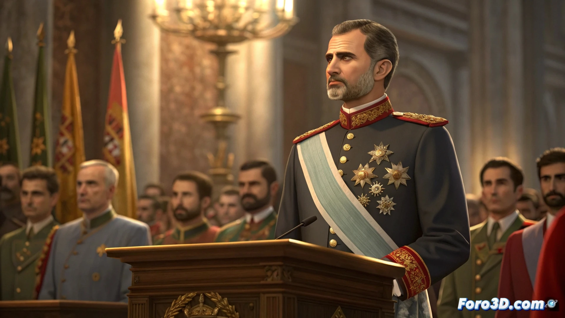El Rey Felipe VI, en un solemne salón, dirige su discurso a los nuevos diplomáticos españoles, destacando ante un gran escudo real.