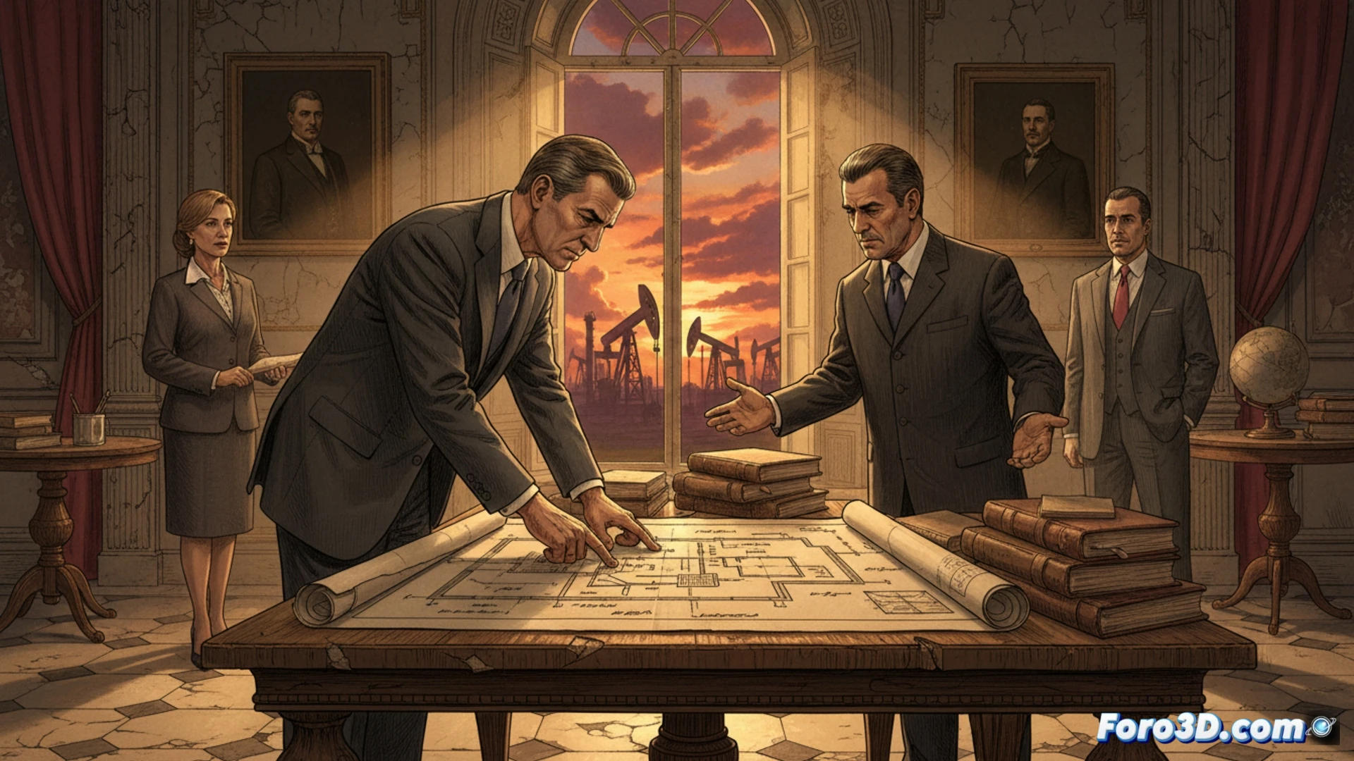 El secretario de Energía de Estados Unidos, Chris Wright, revisando planos y maquetas de instalaciones petroleras en una reunión con técnicos venezolanos, simbolizando un diagnóstico a la industria energética del país.