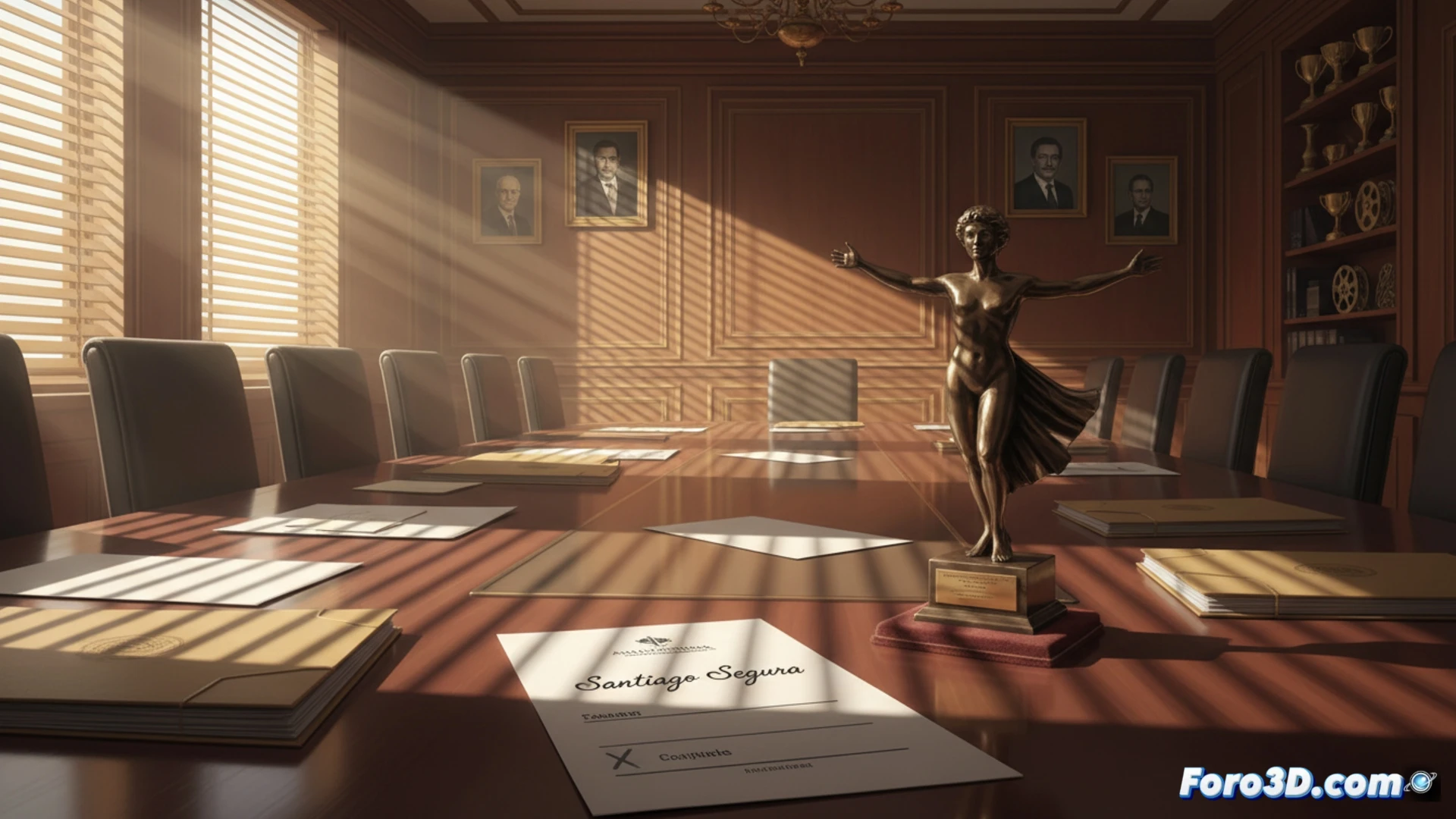 Fotografía conceptual que muestra un sobre cerrado con el sello de la Academia de Cine sobre una mesa de reuniones, con un fondo desenfocado de estatuillas de los premios Goya.