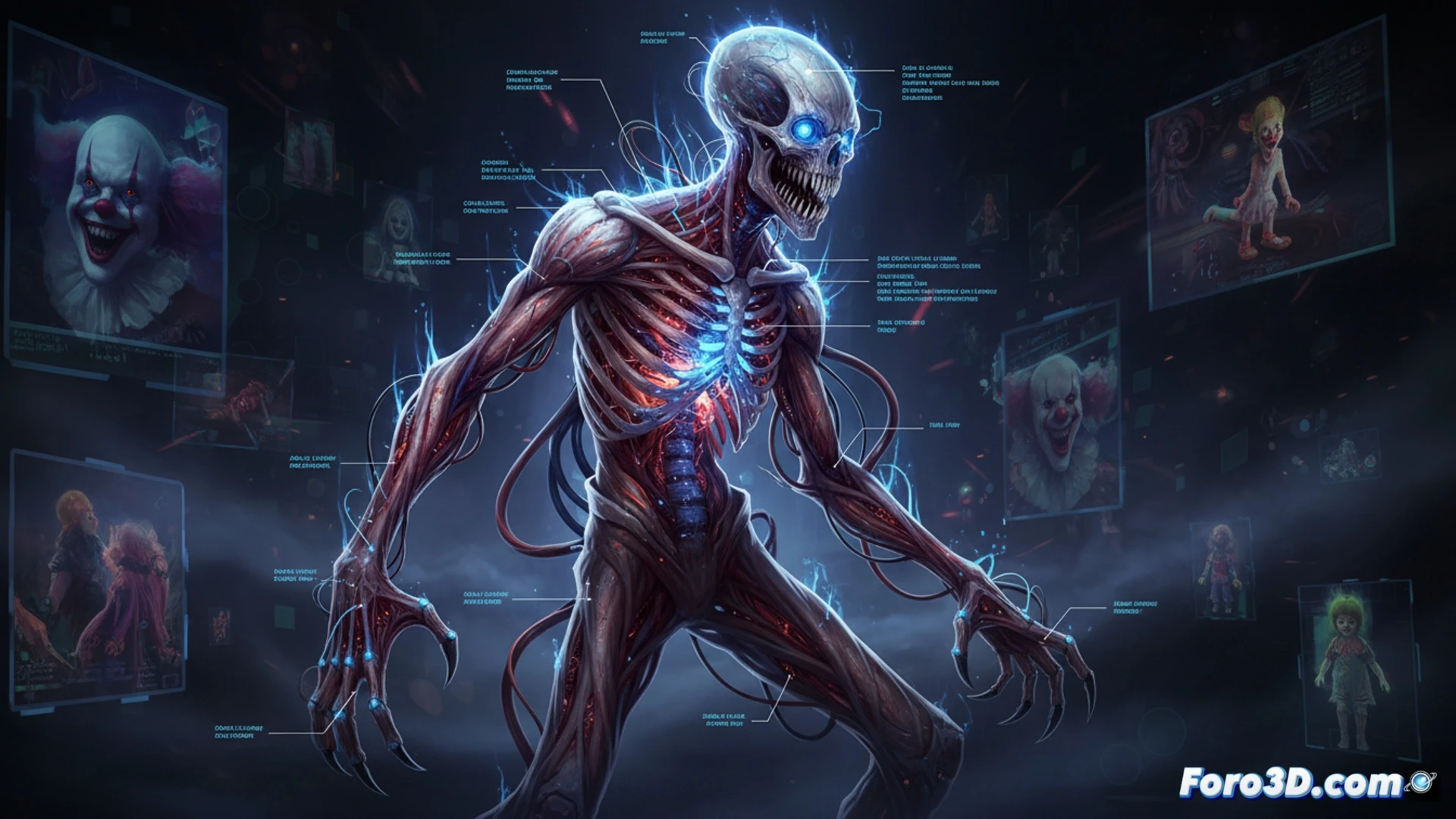 Un esqueleto digital grotesco, nacido de bocetos y escaneos, cobra vida como la encarnación de los miedos infantiles en Derry.