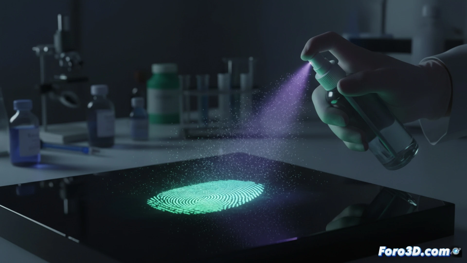 Spray forense rociando sobre una superficie, haciendo que una huella dactilar latente brille con un color verde fluorescente bajo luz ultravioleta, con una medusa de fondo como referencia conceptual.