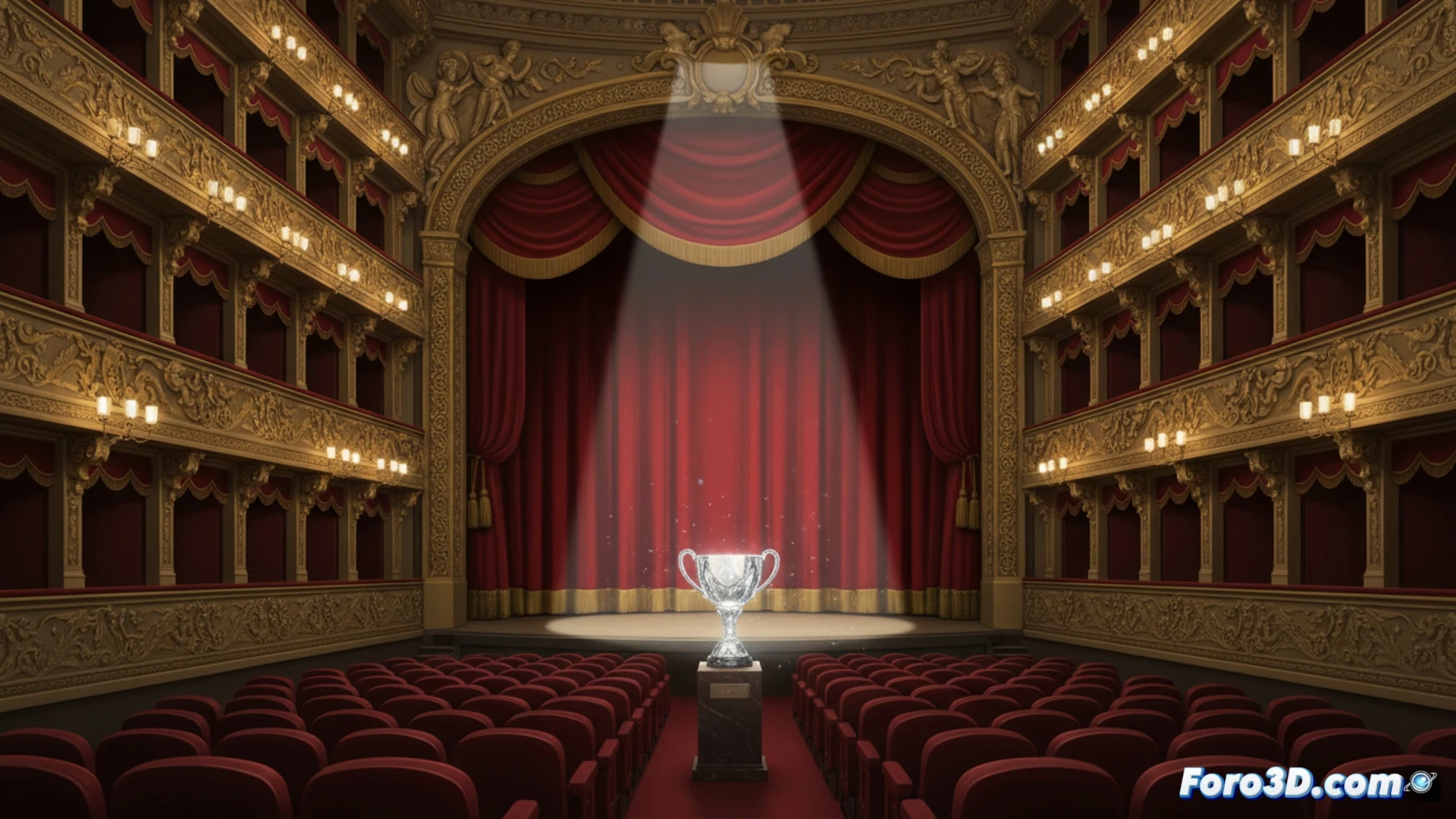 Fotografía del Teatro Real de Madrid iluminado por la noche, con su fachada principal y la cúpula destacando sobre el cielo oscuro. En primer plano, la plaza de Oriente.