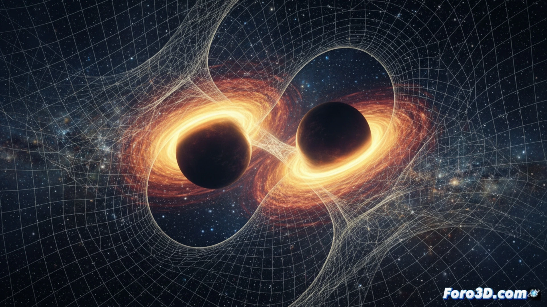 Ilustración artística que muestra dos agujeros negros fusionándose y generando ondas gravitacionales que se propagan como ondulaciones en una malla espacial, sobre un fondo de galaxias distantes.