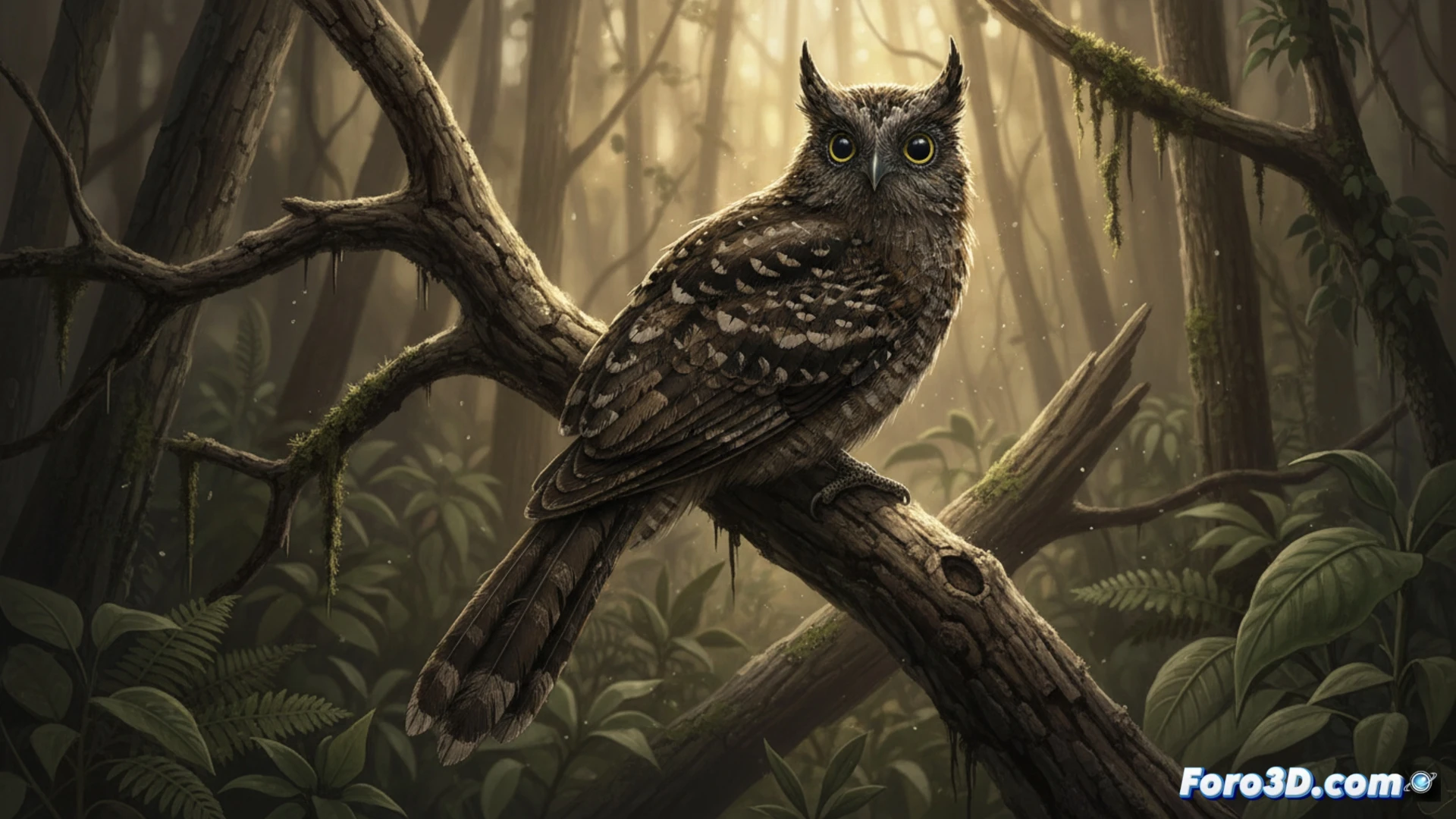 Un ave grisácea inmóvil, con ojos cerrados y plumaje que se funde perfectamente con la corteza rugosa de una rama seca en un bosque.