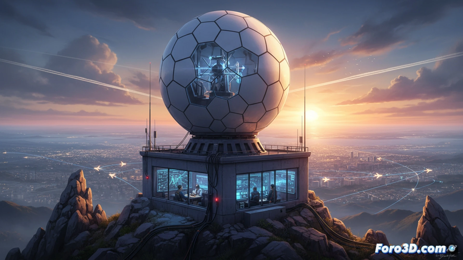 Radar 3D moderno en Begas, con antena giratoria sobre una colina, vigilando el espacio aéreo de Cataluña.