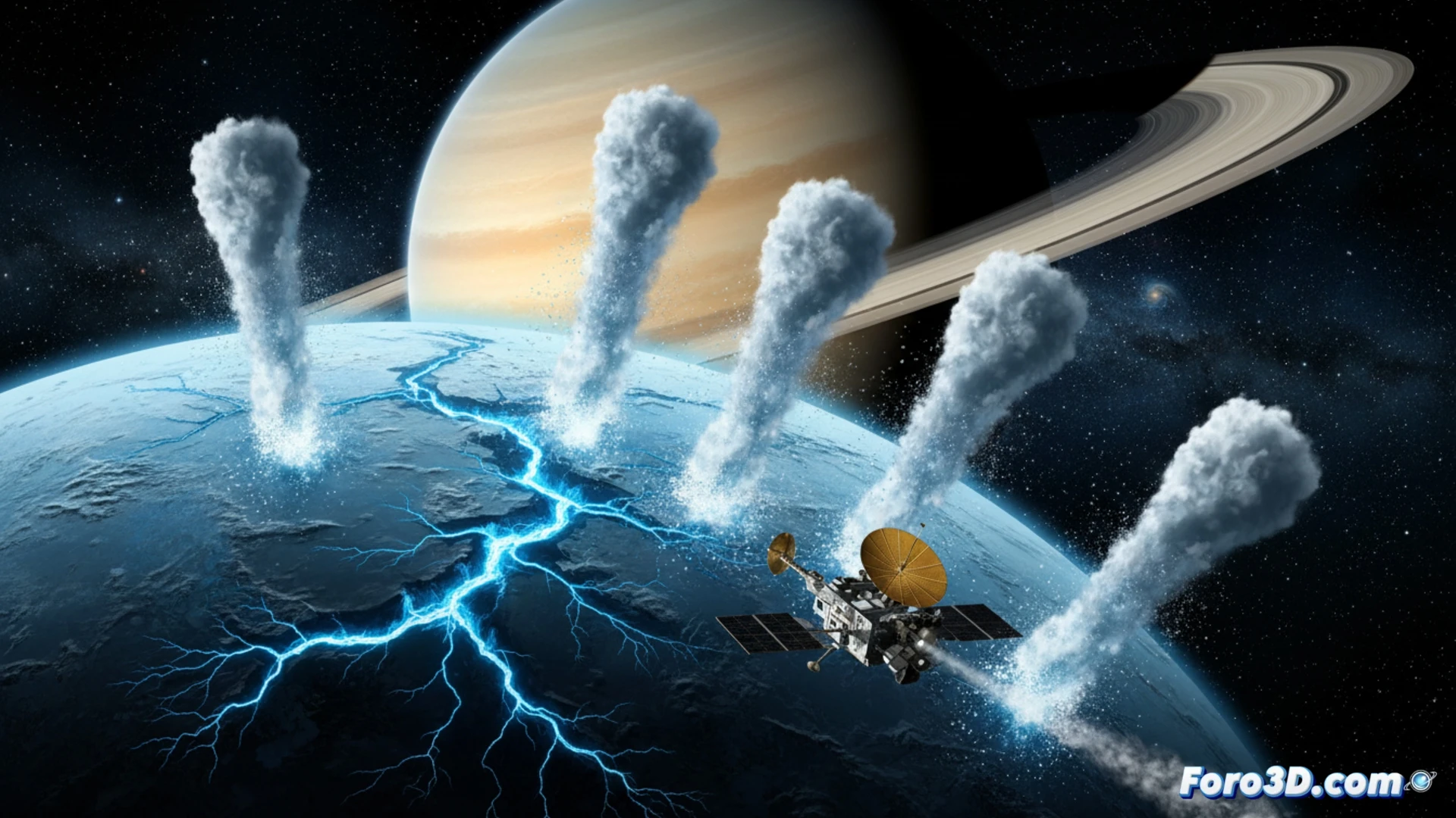 Ilustración artística de los géiseres de Encélado, una luna de Saturno, expulsando columnas de agua y partículas de hielo al espacio, con el planeta anillado de fondo.