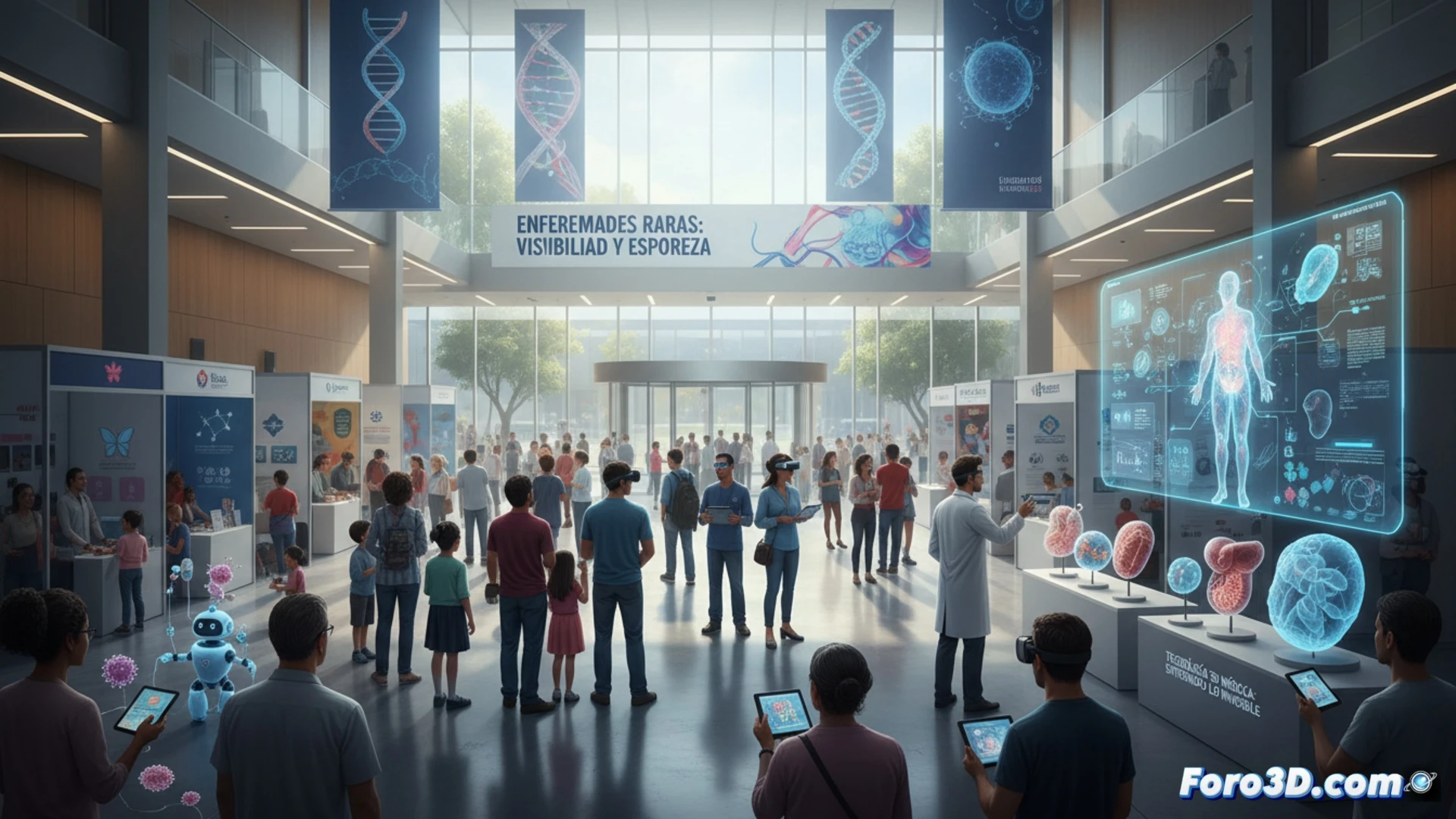 Una sala de hospital donde médicos muestran modelos 3D detallados de órganos con enfermedades raras a un grupo de pacientes atentos.