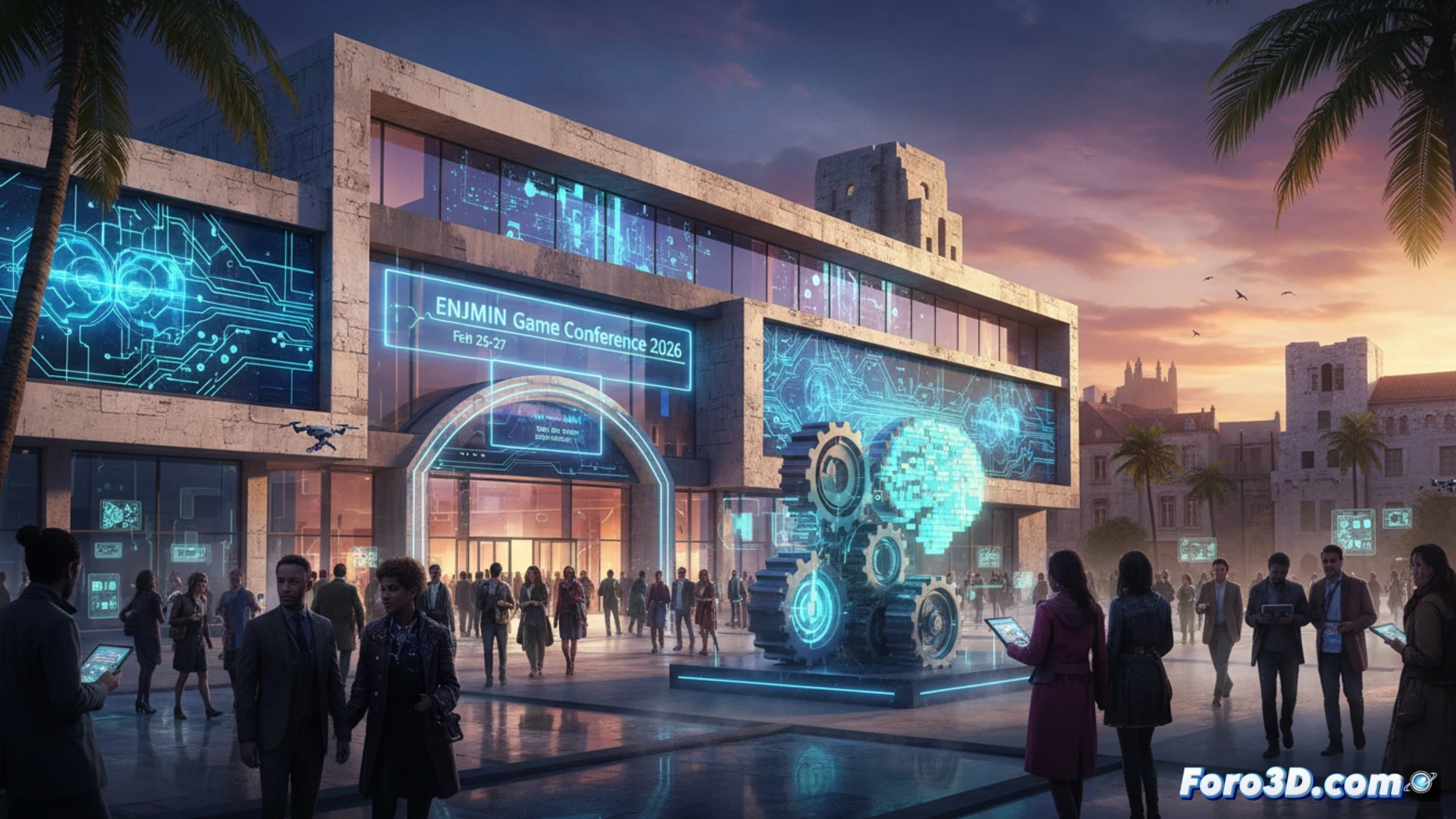 Una sala de conferencias moderna llena, con asistentes interactuando ante pantallas que muestran código y diseños de videojuegos.