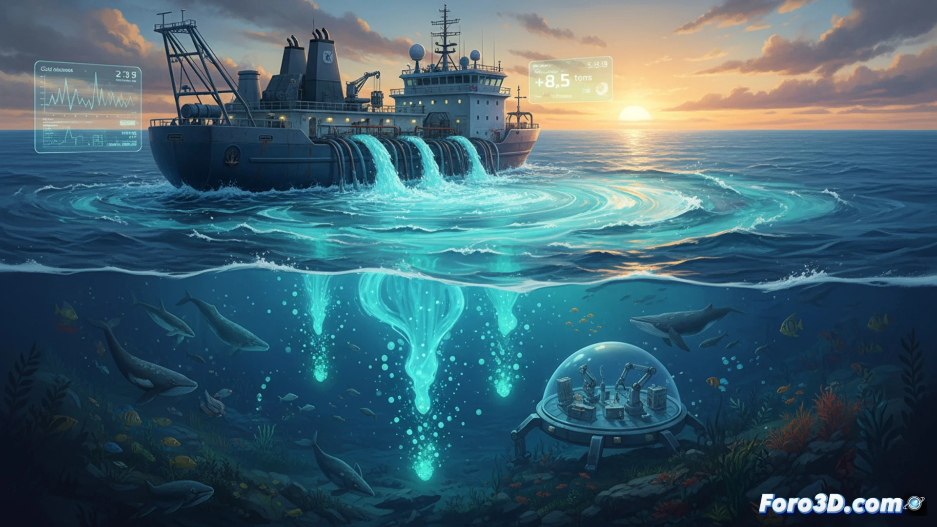 Un barco de investigación vierte una solución alcalina en el mar, mientras sensores y boyas monitorizan el proceso de captura de CO₂ en el océano.