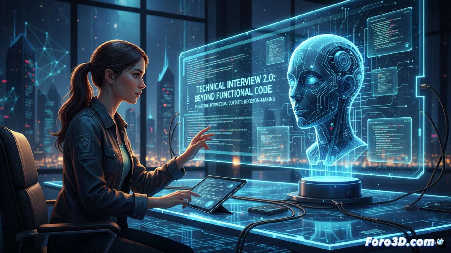 Un desarrollador revisa código generado por IA en su portátil, mientras un entrevistador observa atentamente su razonamiento y análisis crítico.