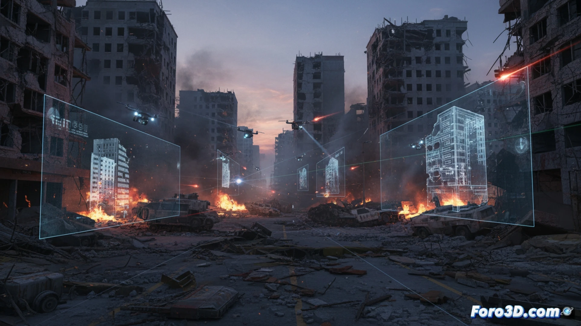 Una ciudad en conflicto, modelada en 3D con realismo. Edificios dañados, humo dinámico y luz de proyectiles iluminan la escena, mostrando el reto técnico de simular la guerra.