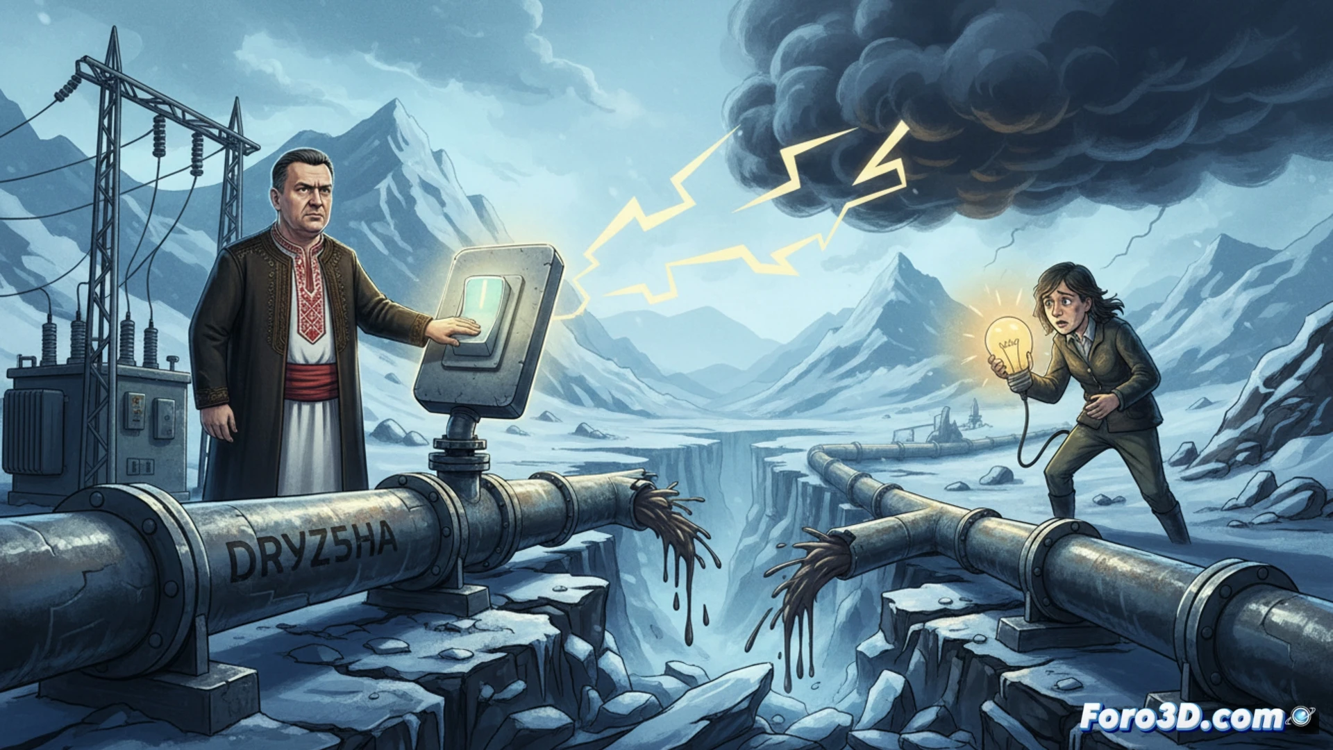 Un mapa de Europa destaca Eslovaquia y Ucrania. Una flecha roja (petróleo) se detiene en Ucrania, mientras una flecha amarilla (electricidad) de Eslovaquia a Ucrania está a punto de ser cortada con unas tijeras.