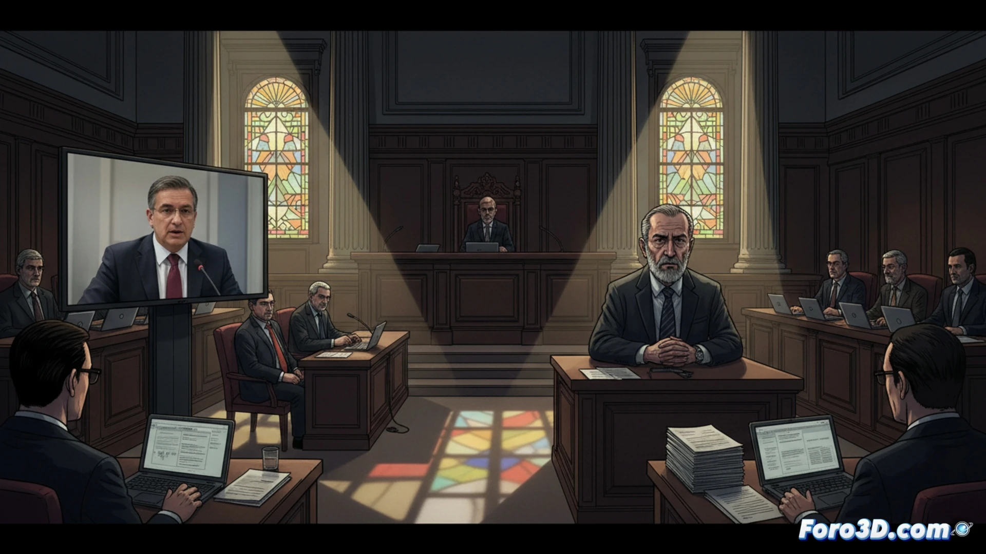 Sala de la Audiencia Nacional, testigos declarando sobre el caso Pujol. Espadaler por videoconferencia y Villarejo presente.