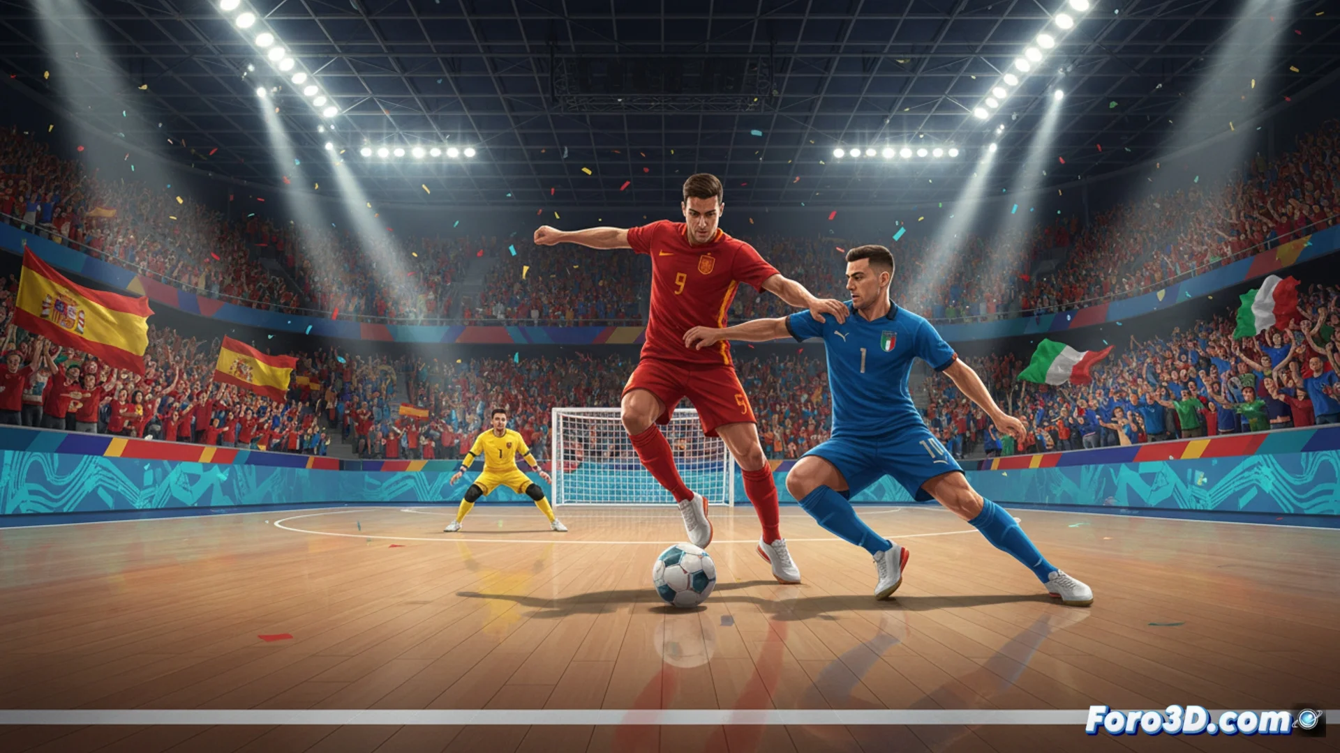 Imagen promocional del partido de cuartos de final de la Eurocopa de fútbol sala 2026 entre las selecciones de España e Italia, mostrando a jugadores de ambos equipos en acción.