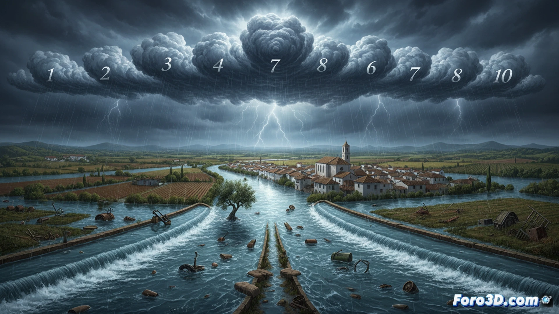 Imagen de un paisaje urbano inundado bajo un cielo plomizo, con árboles inclinados por el viento y coches semisumergidos.