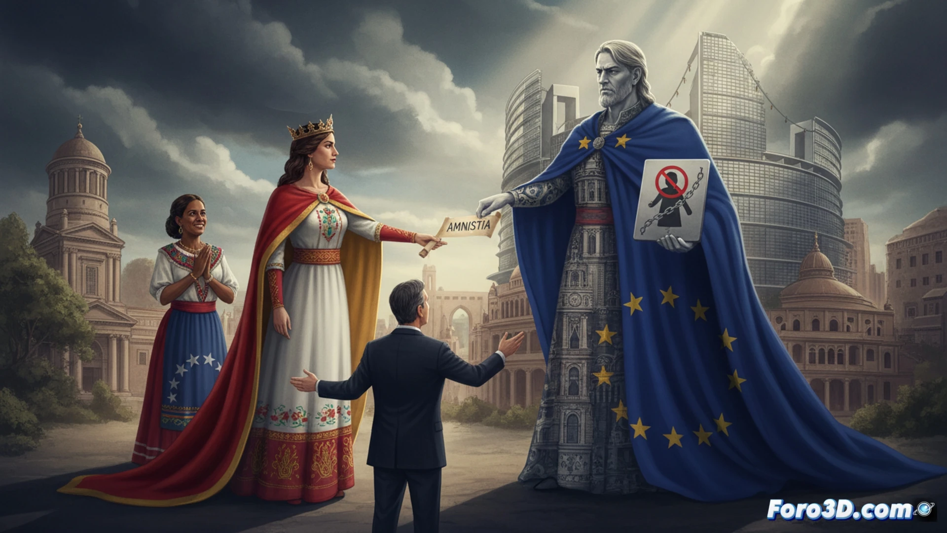 Ministro Albares en Bruselas, con banderas UE y España, discutiendo documento sobre sanciones a Venezuela. Expresión seria y diplomática.