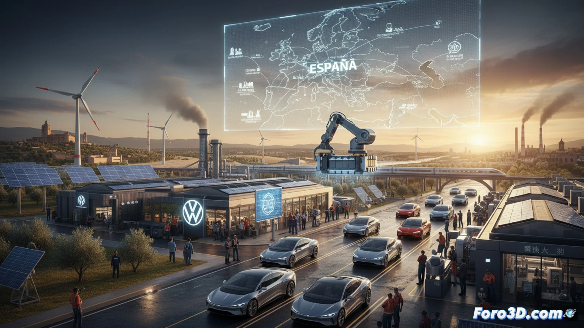 Una moderna fábrica española con robots ensamblando coches eléctricos, rodeada de los logos de Volkswagen, Stellantis y Renault.