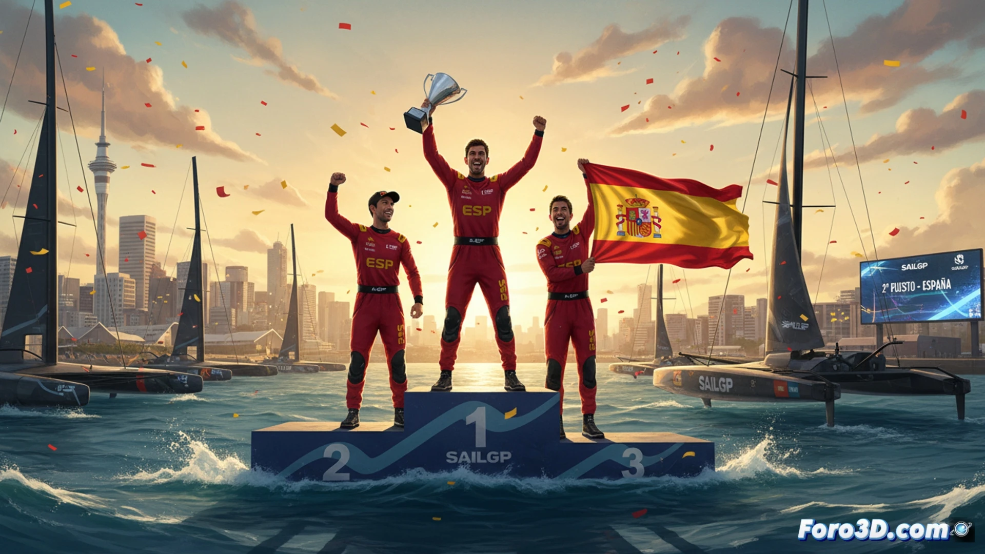 El F50 español surca las aguas de Auckland, navegando con potencia hacia el segundo puesto del podio en una reñida regata.