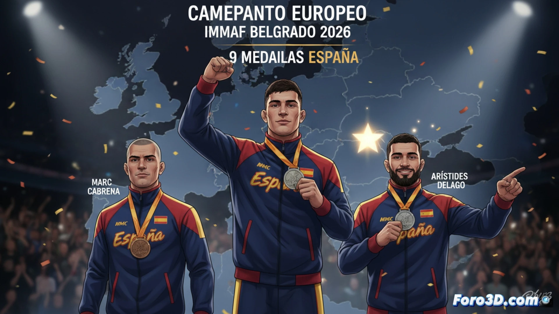 Tres luchadores españoles exhiben sus medallas en el podio del Europeo de MMA, con la bandera de España de fondo.