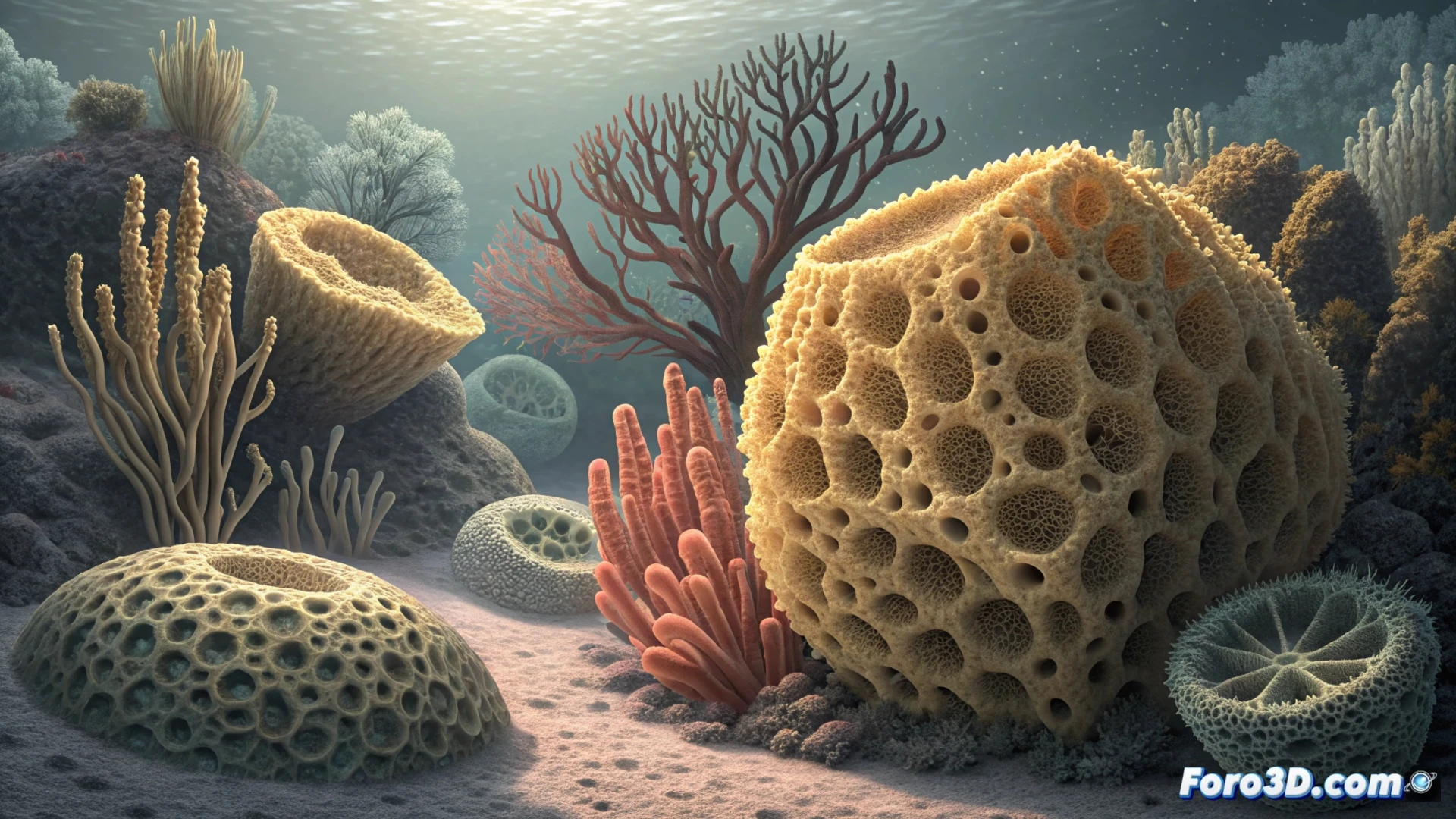 Una esponja marina en el fondo oceánico, liberando una nube de sedimento fino desde sus poros durante su lento estornudo de limpieza.